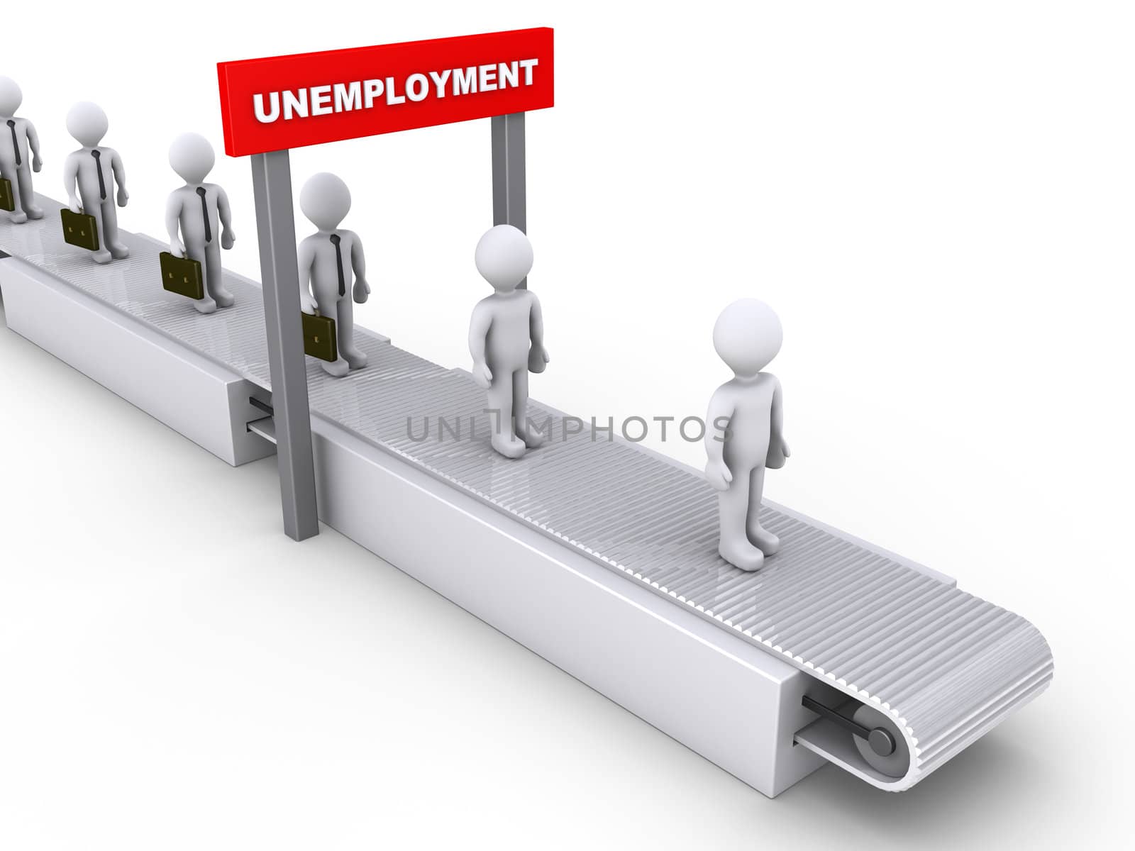 3d businessmen on conveyor pass below unemployment sign