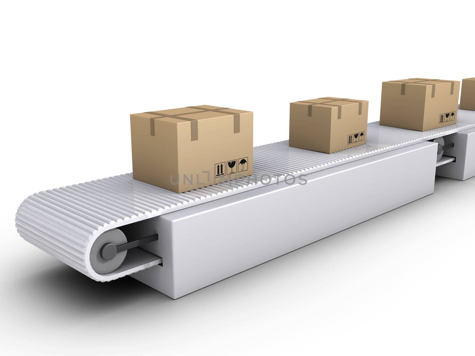 3d carton boxes on conveyor in a warehouse