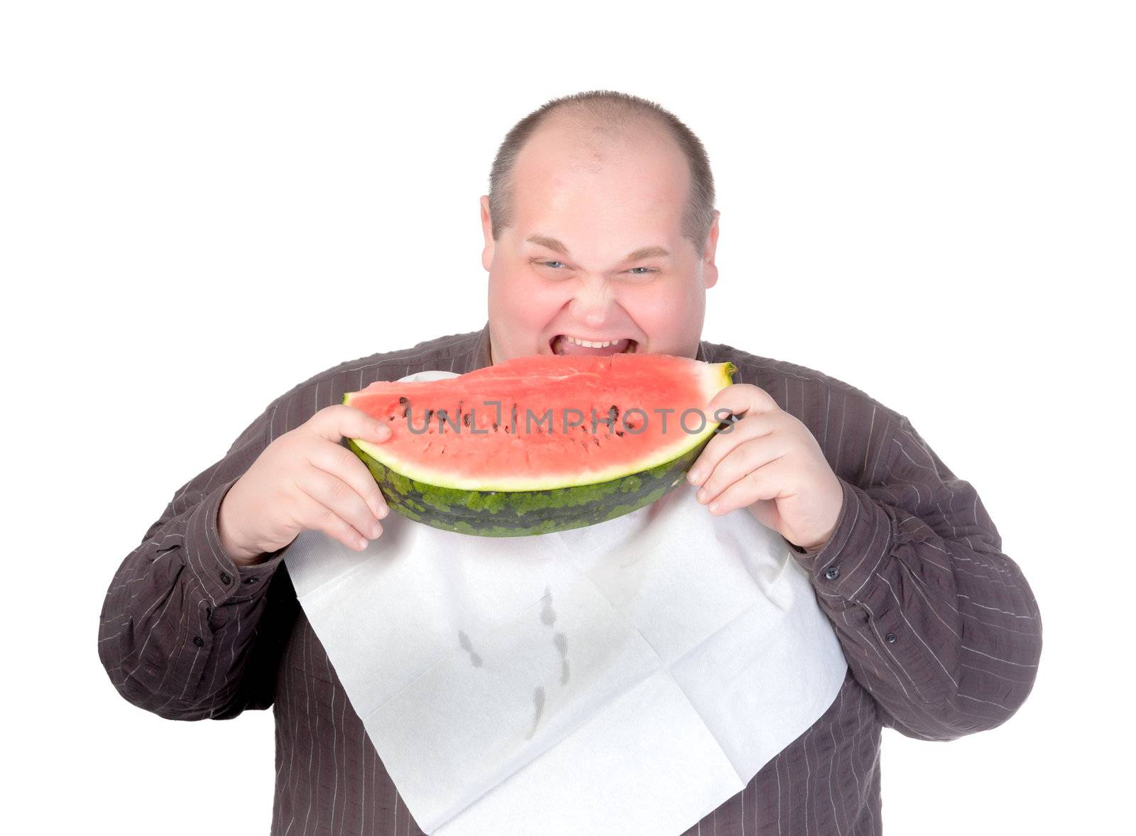 Obese man eating watermelon by Discovod