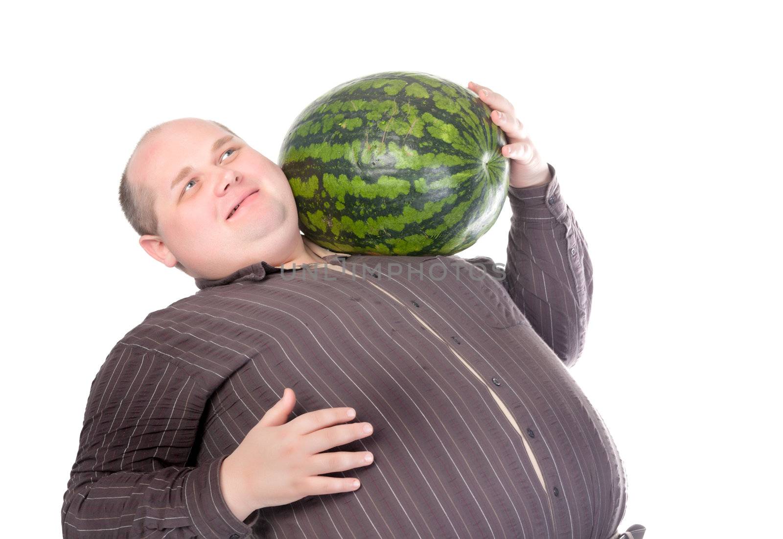 Obese man carrying a watermelon on his shoulder and rubbing his belly with a gleeful look of anticipation as he contemplates the delights of devouring it