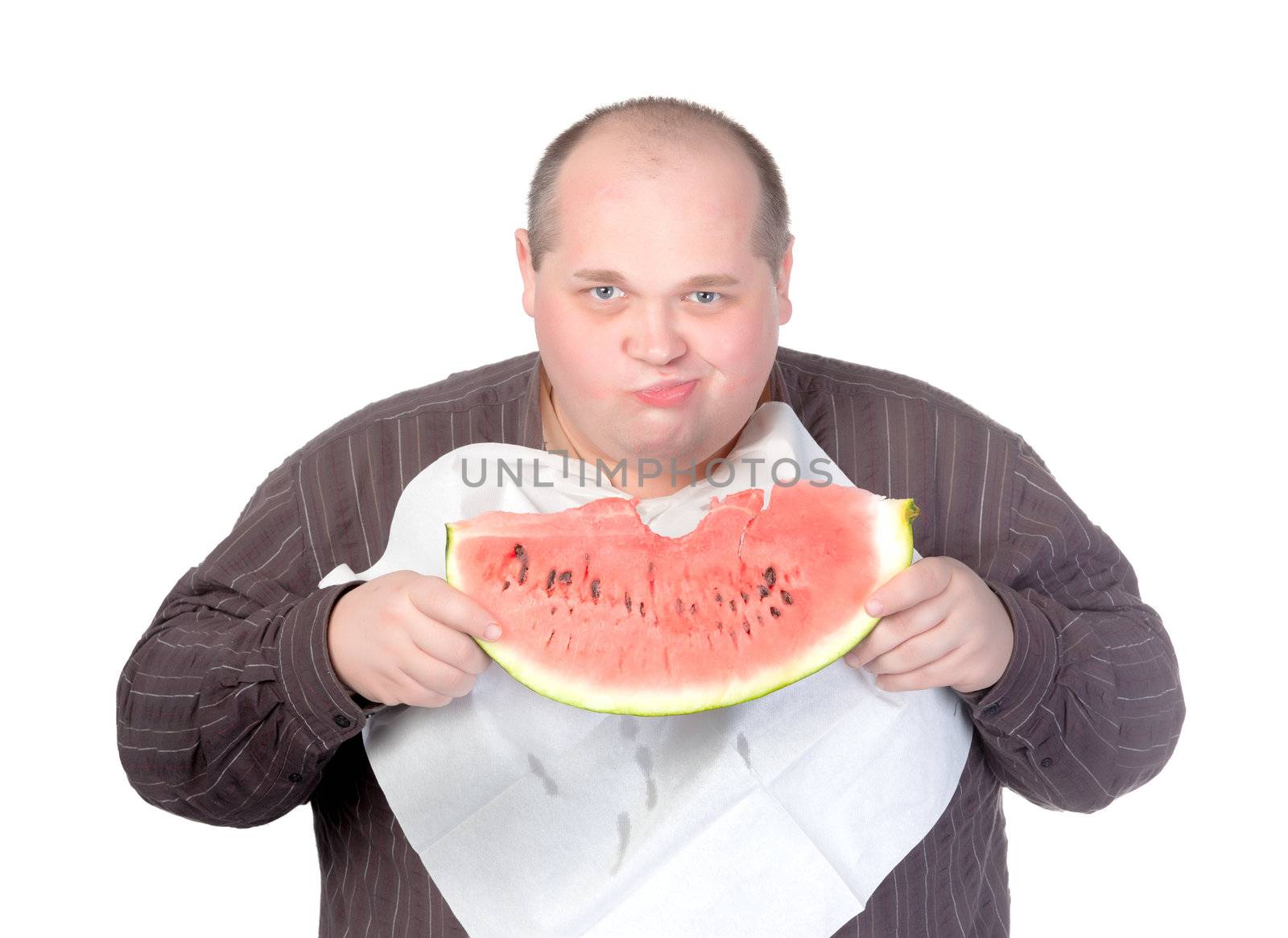 Obese man eating watermelon by Discovod