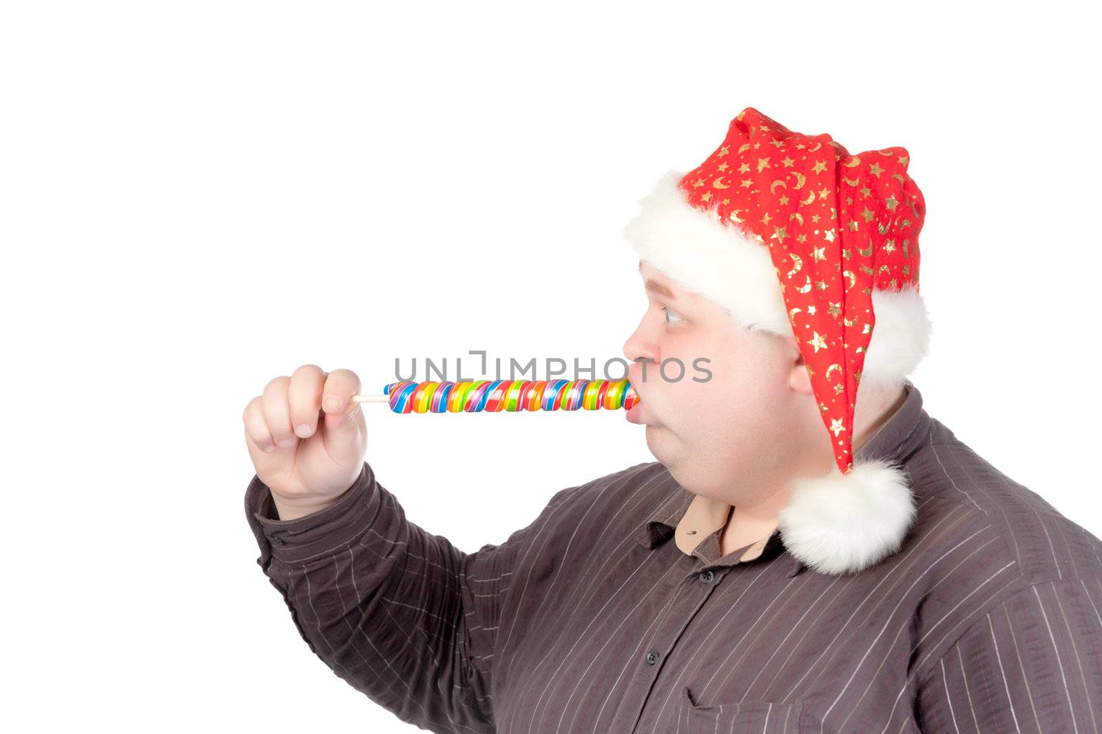 Cheerful fat man in Santa hat by Discovod