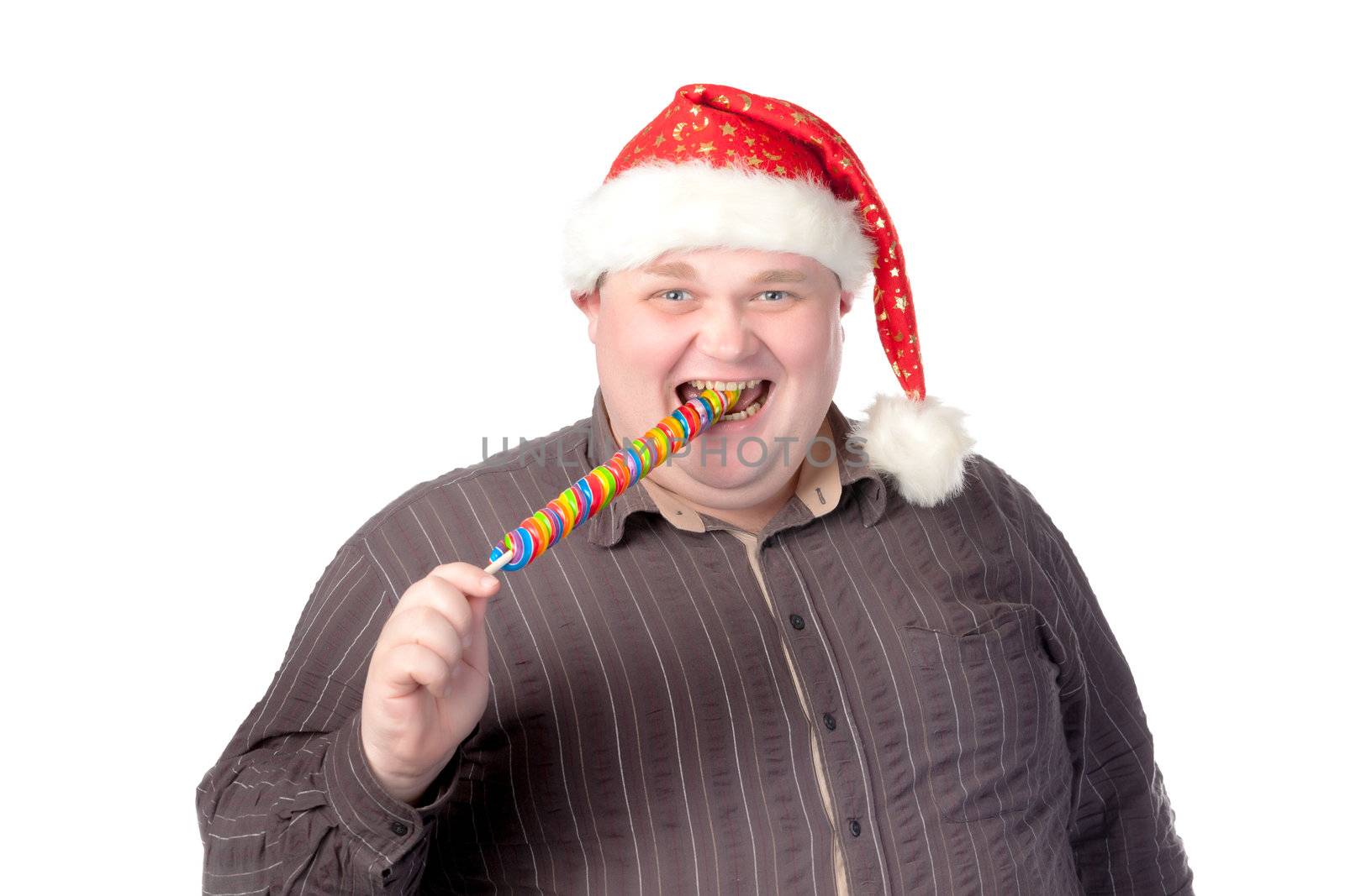 Cheerful fat man in Santa hat by Discovod