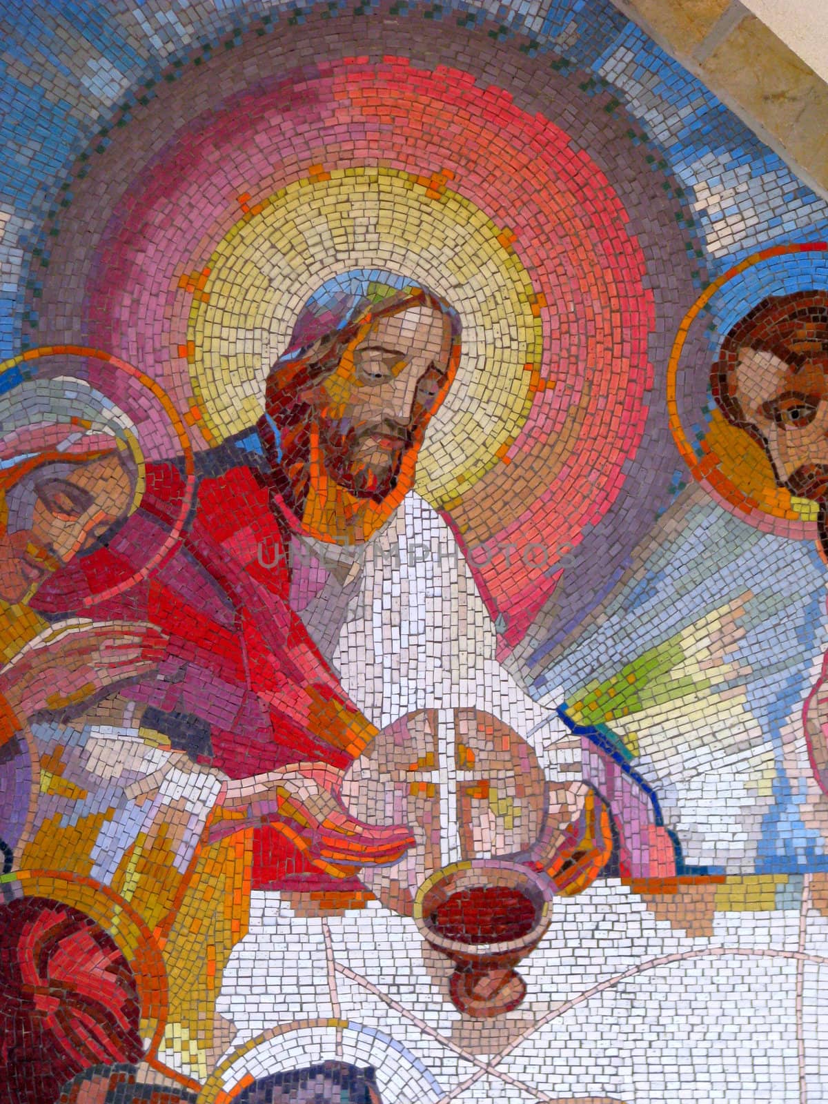 A detail of a mosaic in Medjugorje representing the Fifth Mystery of the Luminous Rosary.