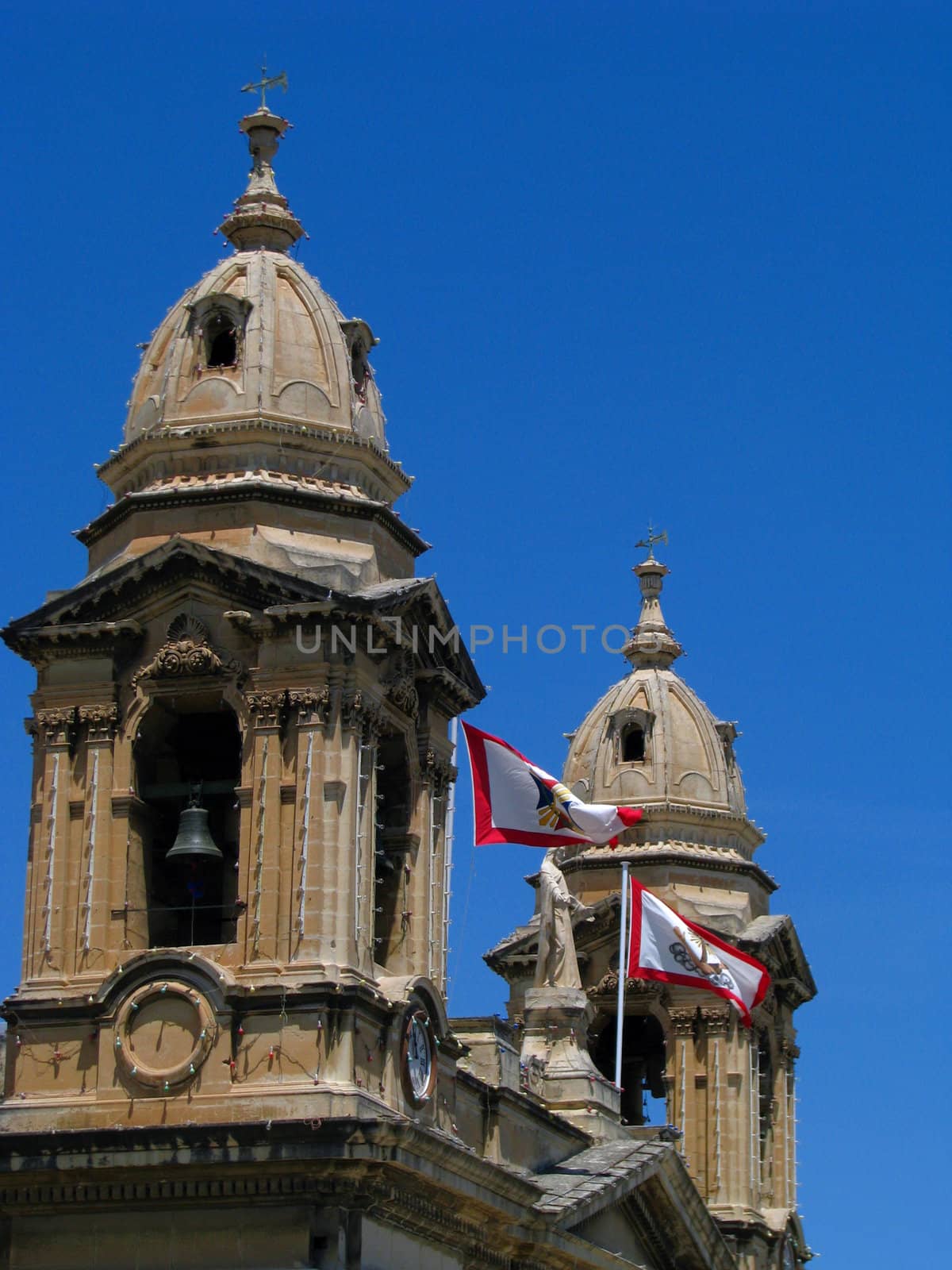 The belfries of the parish church of Marsa, Malta.
