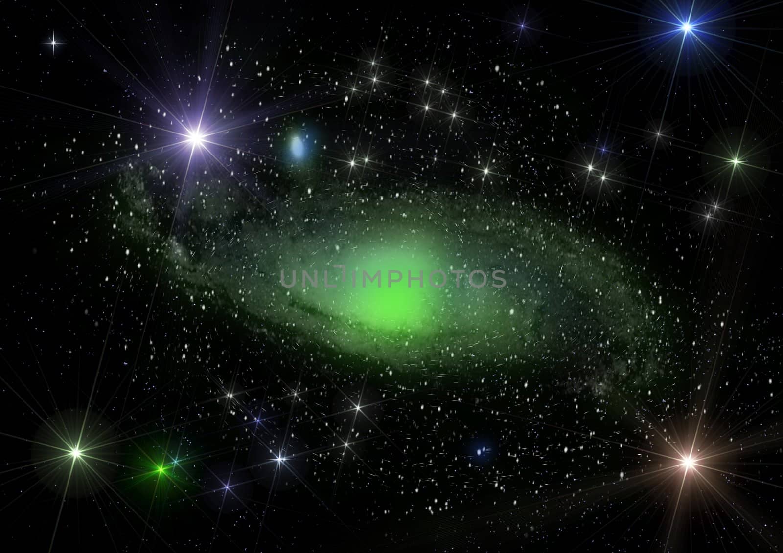 Green spiral galaxy and star dust shined with stars