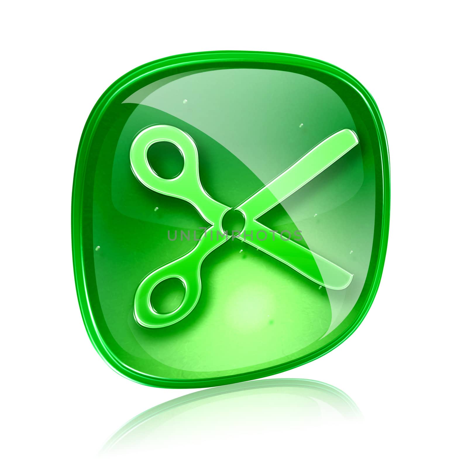 scissors icon green glass, isolated on white background. 