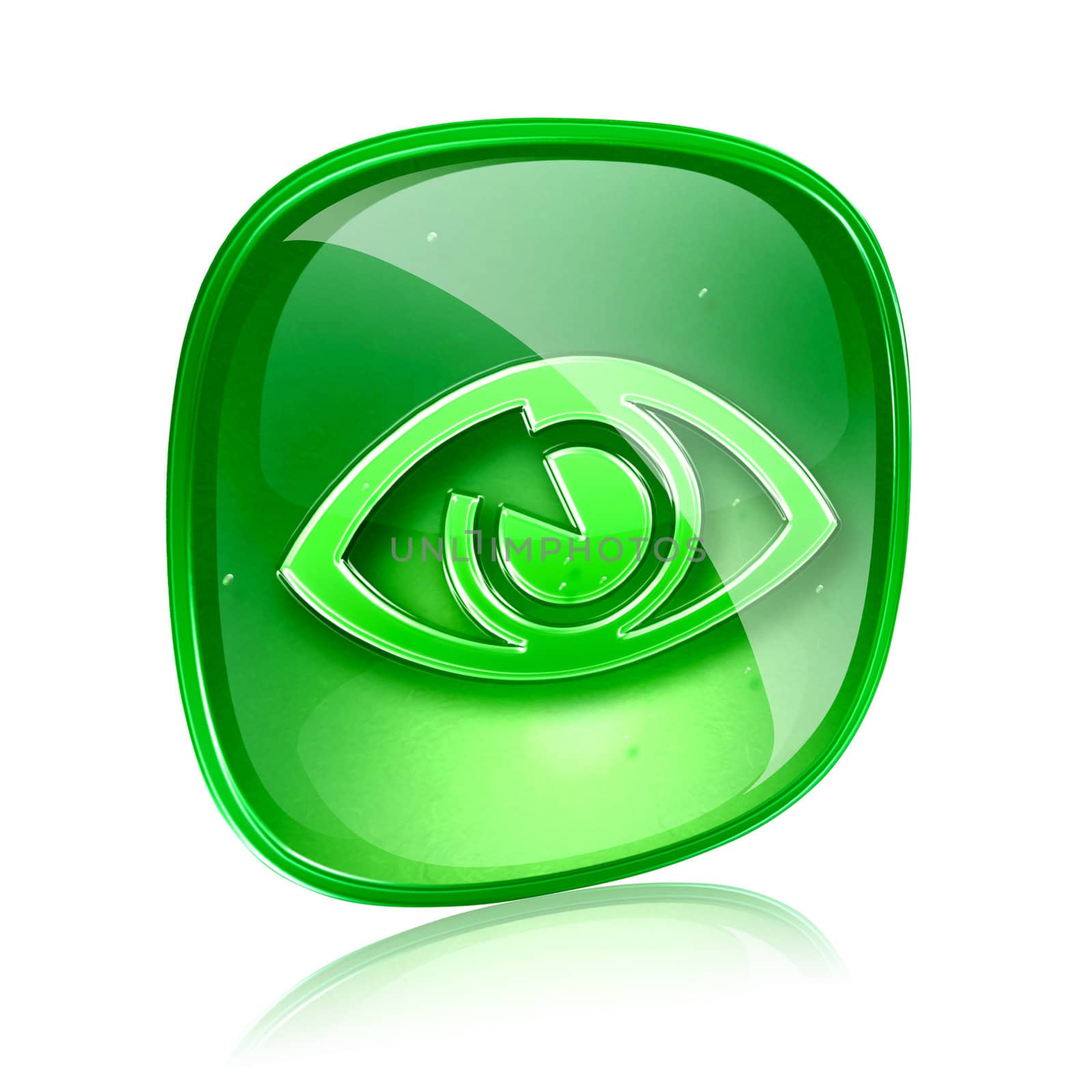 eye icon green glass, isolated on white background.