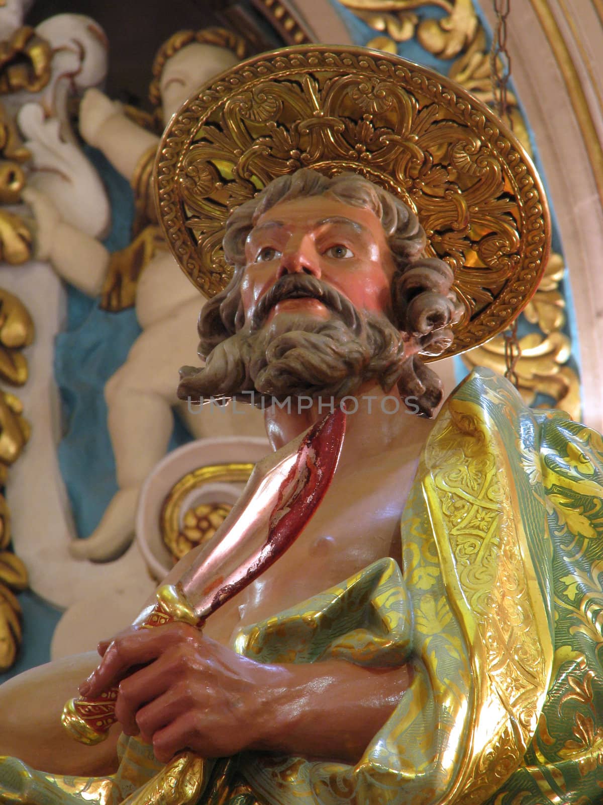 A detail of the statue of Saint Bartholomew in Gharghur, Malta.