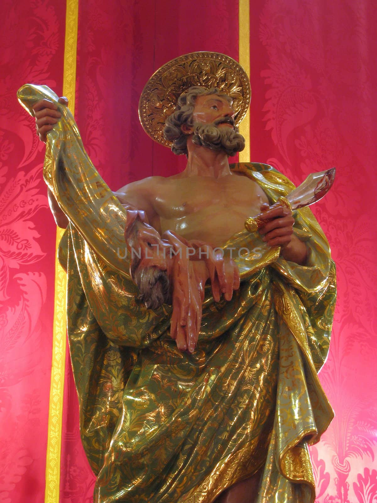 A detail of the statue of Saint Bartholomew in Gharghur, Malta.