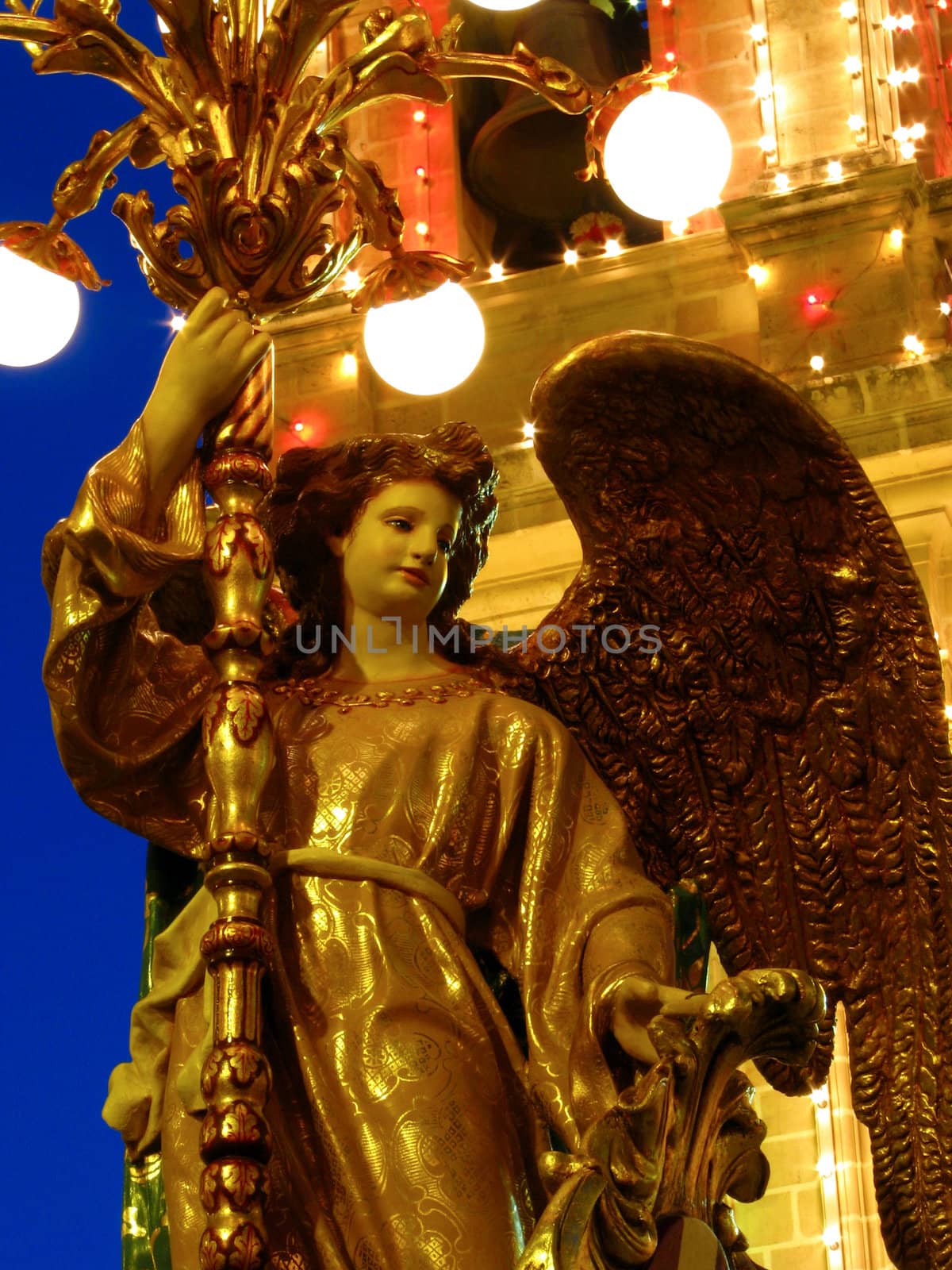 A detail of a papier mache angel on display for the occasion of the feast of Saint George in Qormi, Malta.