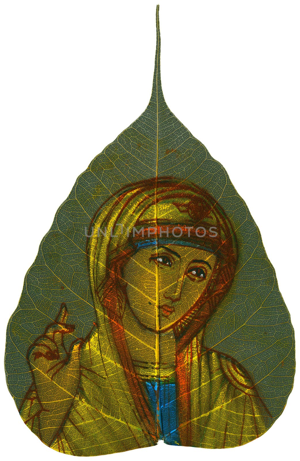 Peepal Leaf hand-painted depicting Madonna on white background

