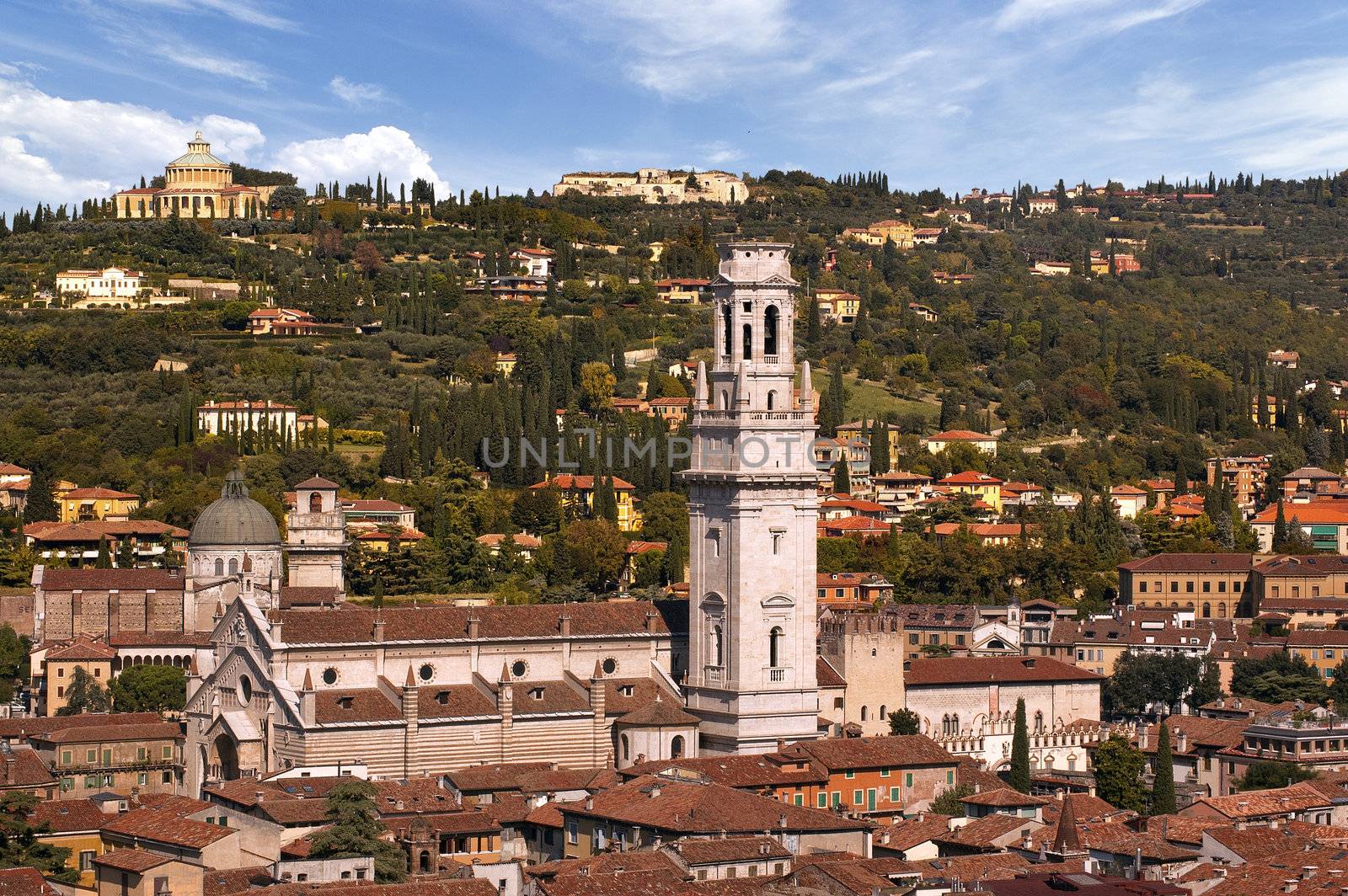 Overview of Verona Italy with the Cathedral and the green hill
