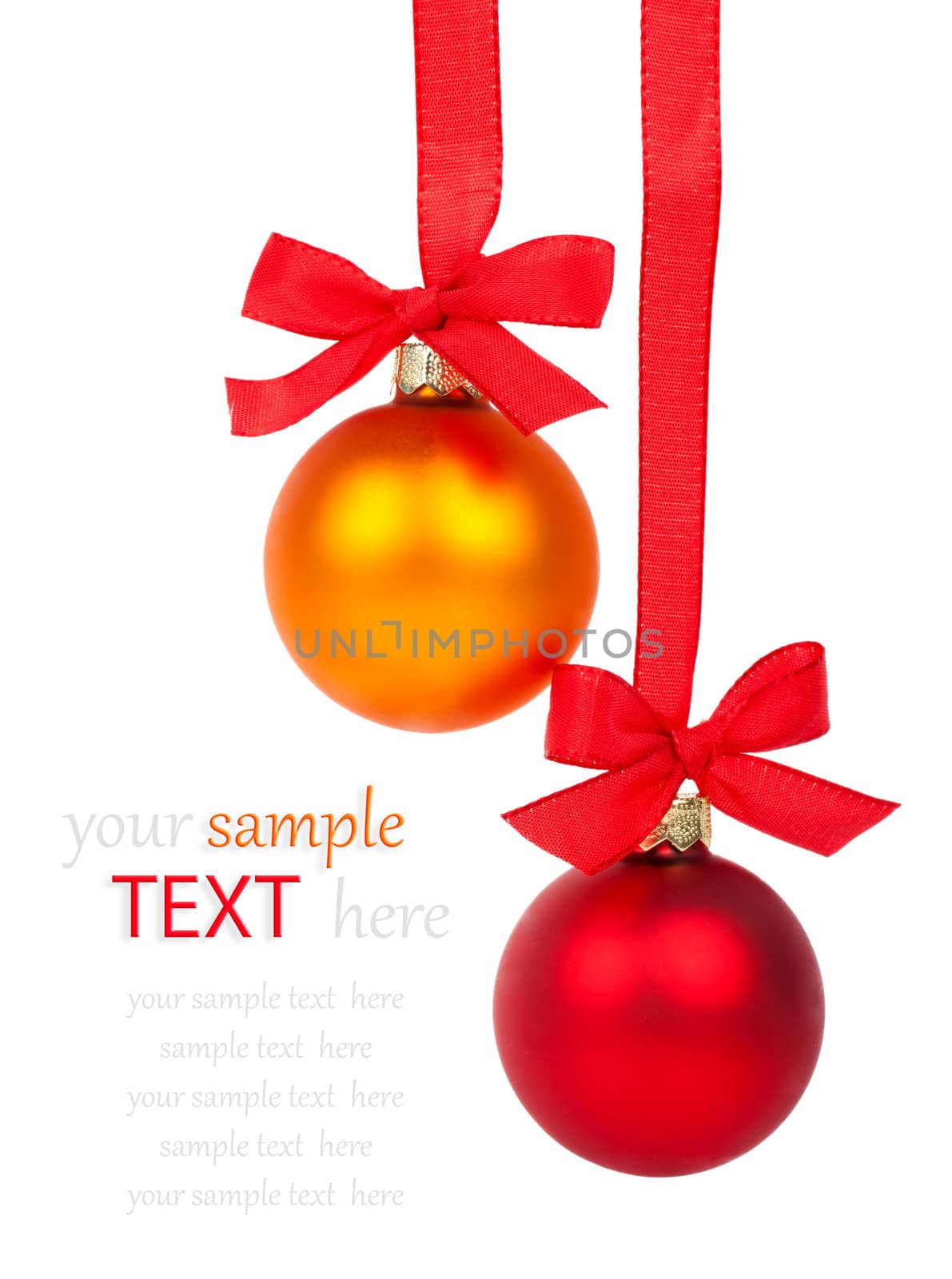 Christmas balls hanging with ribbon, isolated on white backgroun by motorolka
