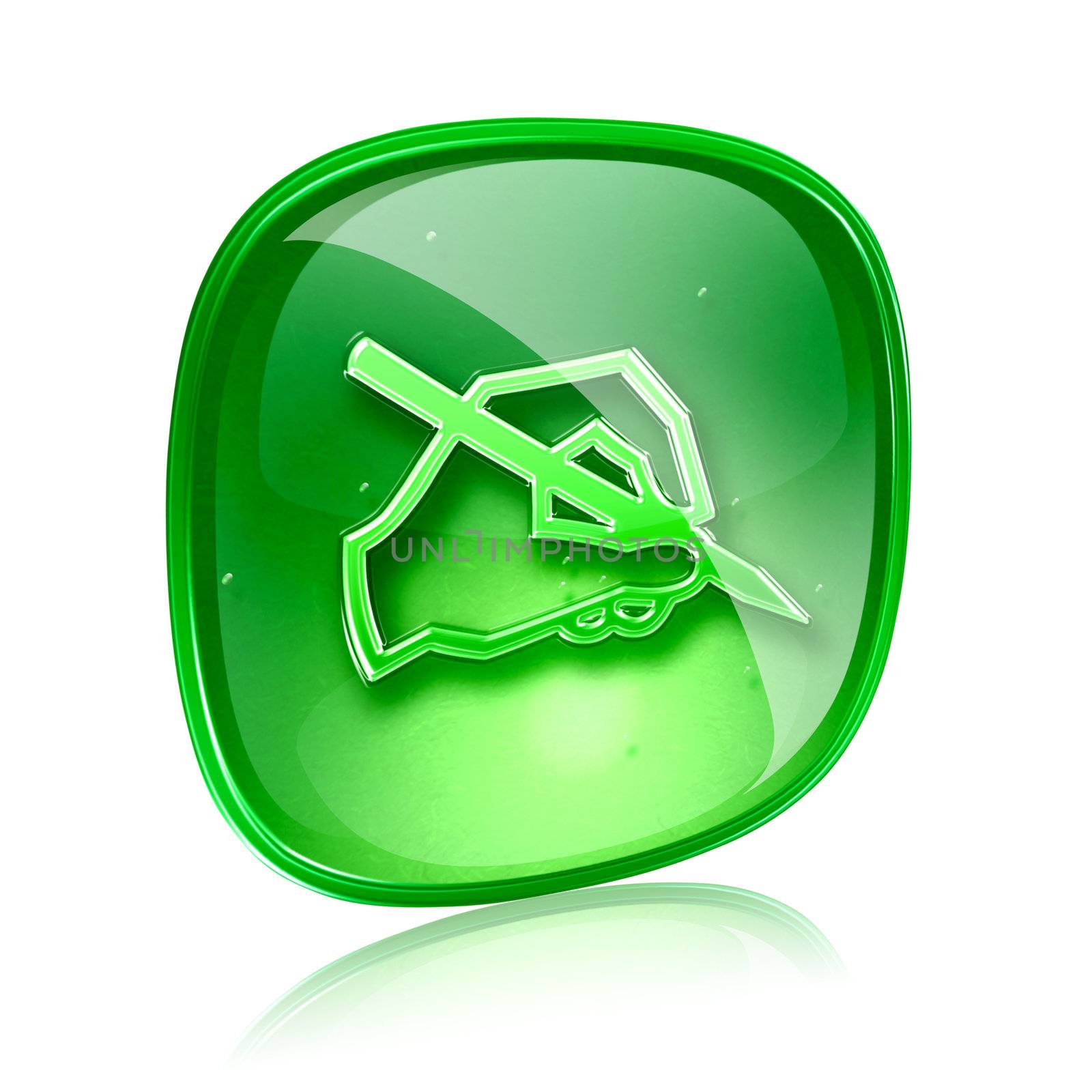email icon green glass, isolated on white background.