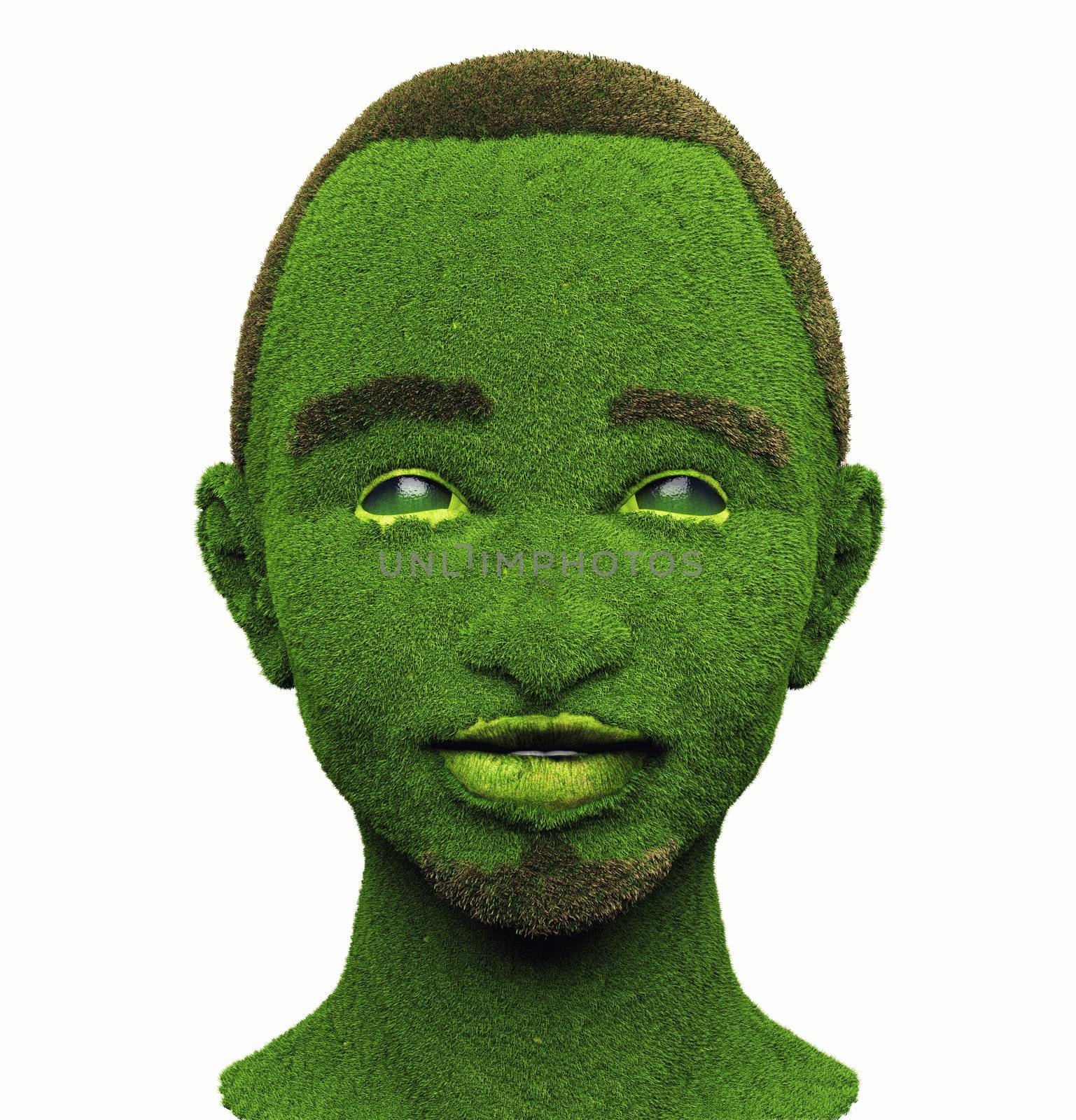 green man with face, covered with grass