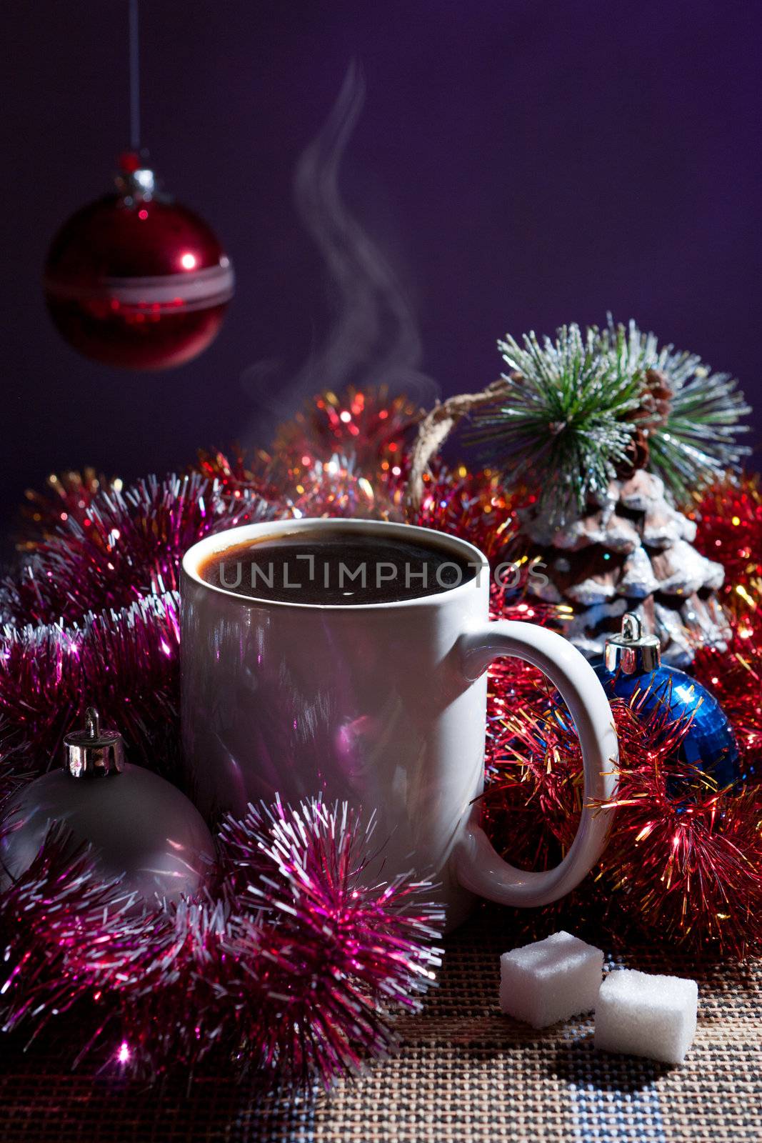 winter still life with coffee and Christmas decorations