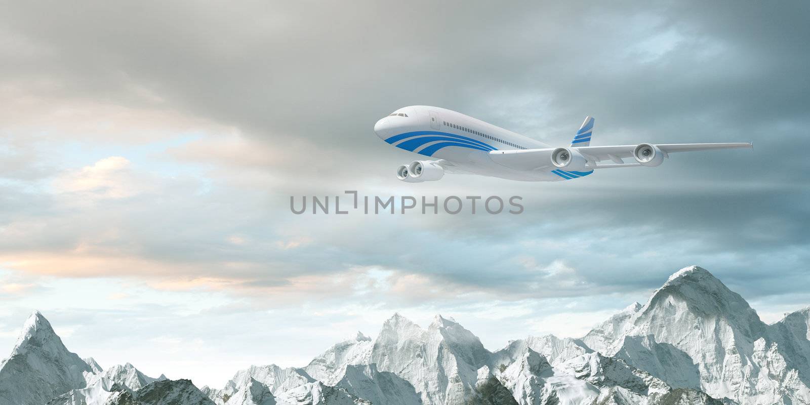 White passenger plane above the mountains by sergey_nivens