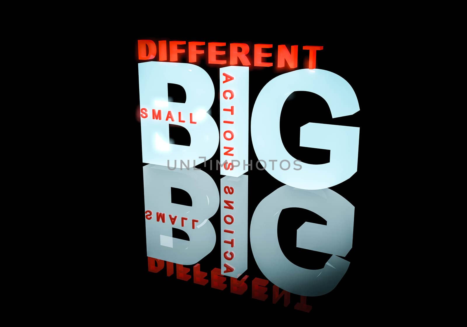 Small actions, big different conceptual text logo design using 3d on black background