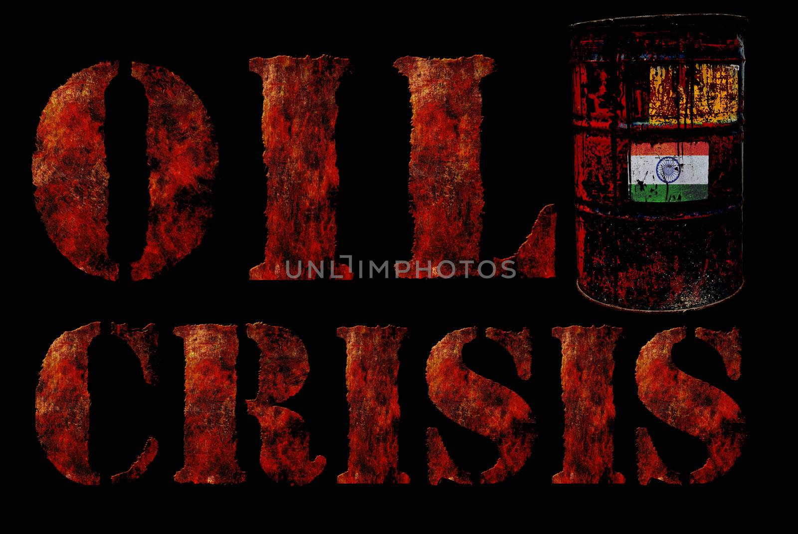 Global economic oil crisis with vintage rusty oil drum and grudge text background. Suitable for all oil crisis economic business concept, logo, icon design. With India flag.