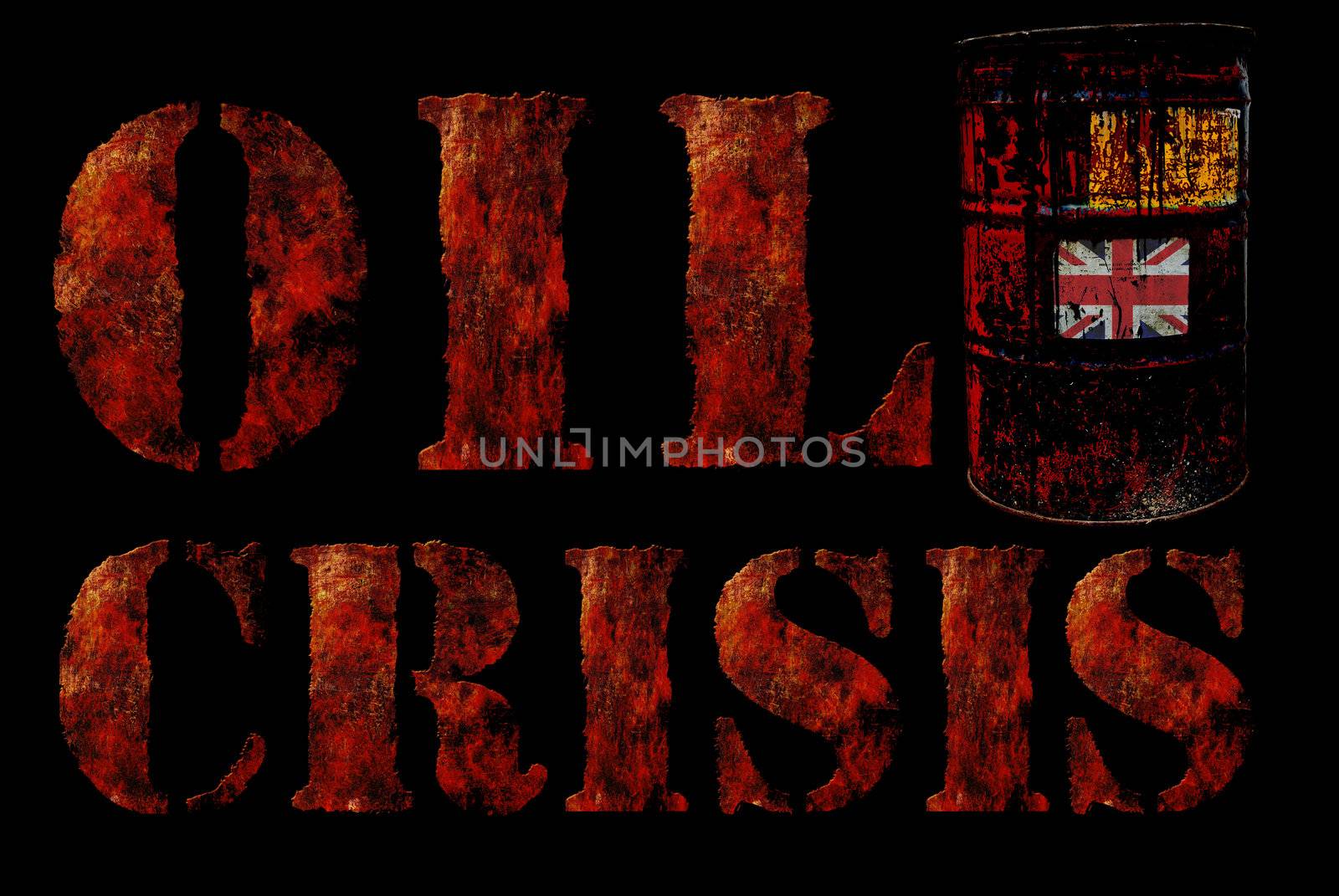 Global economic oil crisis with vintage rusty oil drum and grudge text background. Suitable for all oil crisis economic business concept, logo, icon design. With UK flag.