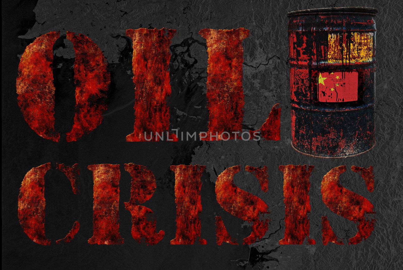 Global economic oil crisis with vintage rusty oil drum and grudge text background. Suitable for all oil crisis economic business concept, logo, icon design. With China flag.