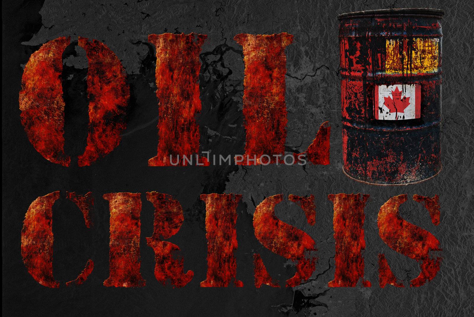 Global economic oil crisis with vintage rusty oil drum and grudge text background. Suitable for all oil crisis economic business concept, logo, icon design. With Canada flag.