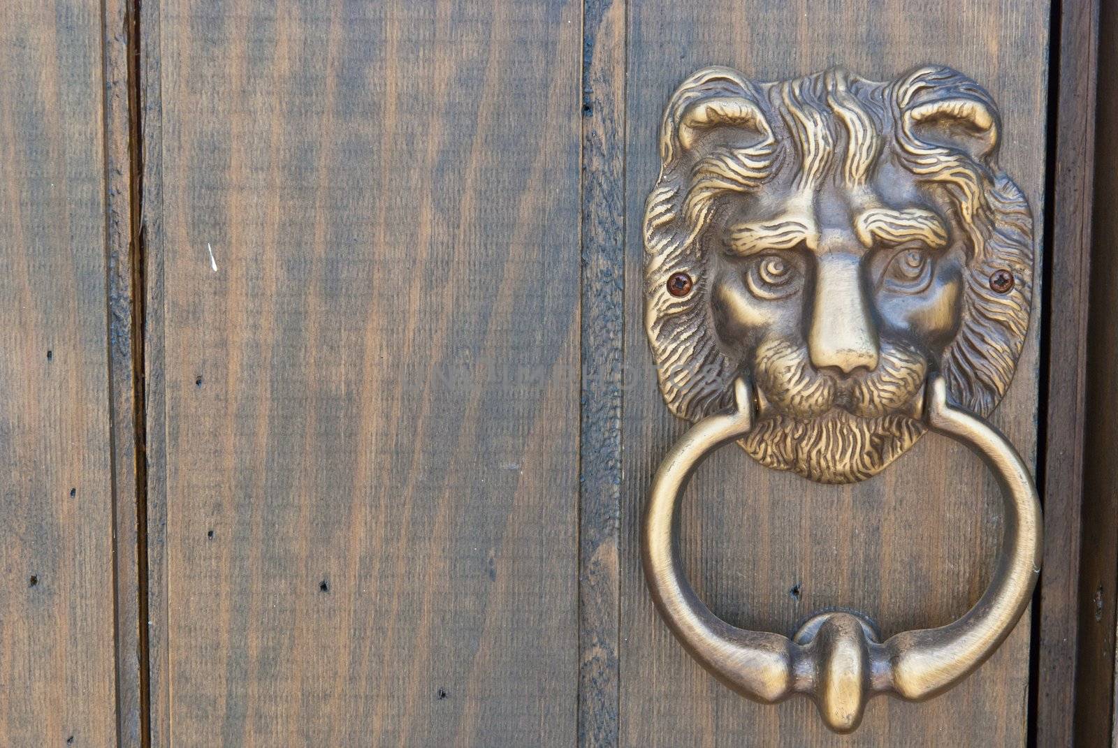 an old metal door handle knocker, on wooden door