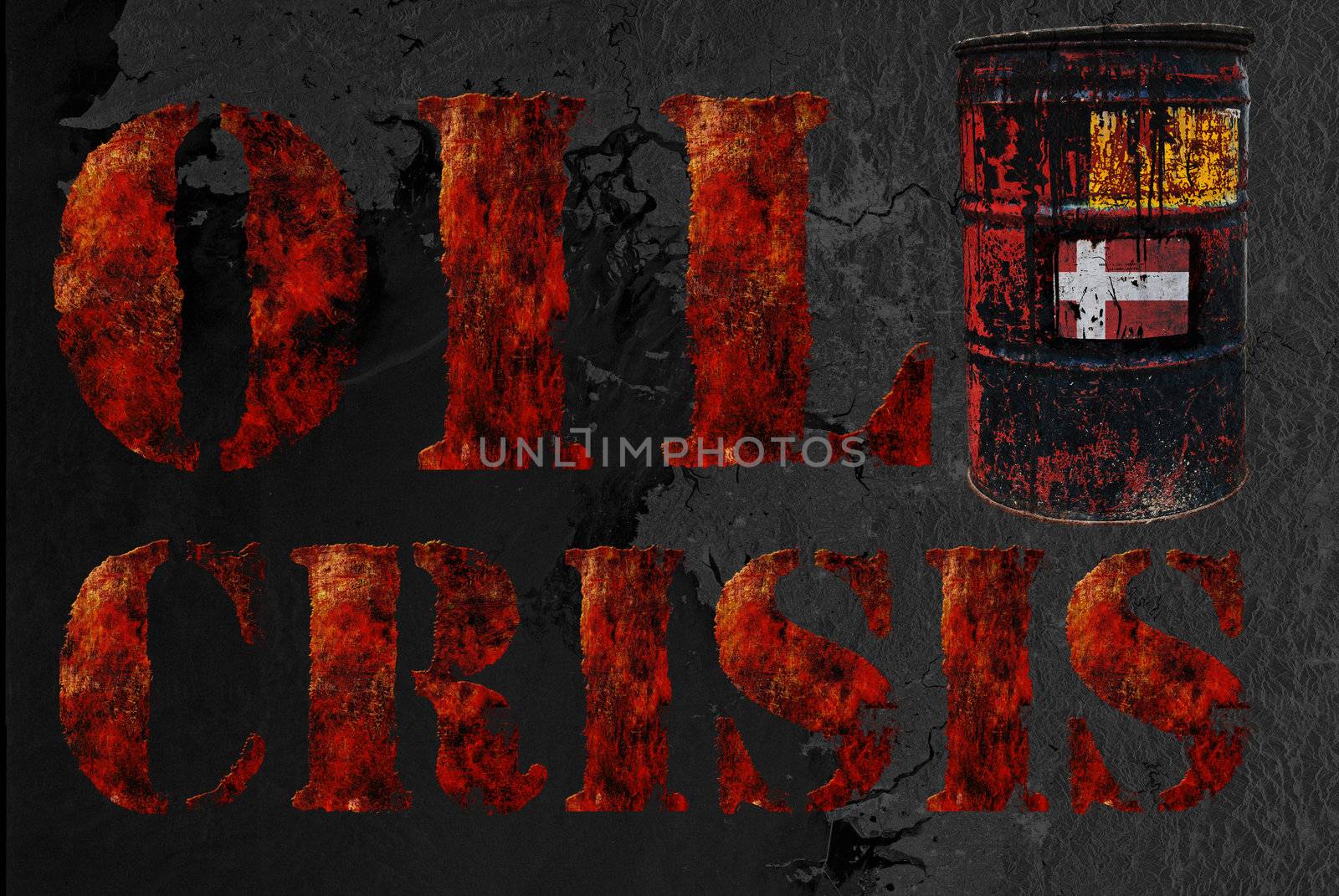 Global economic oil crisis with vintage rusty oil drum and grudge text background. Suitable for all oil crisis economic business concept, logo, icon design. With Denmark flag.