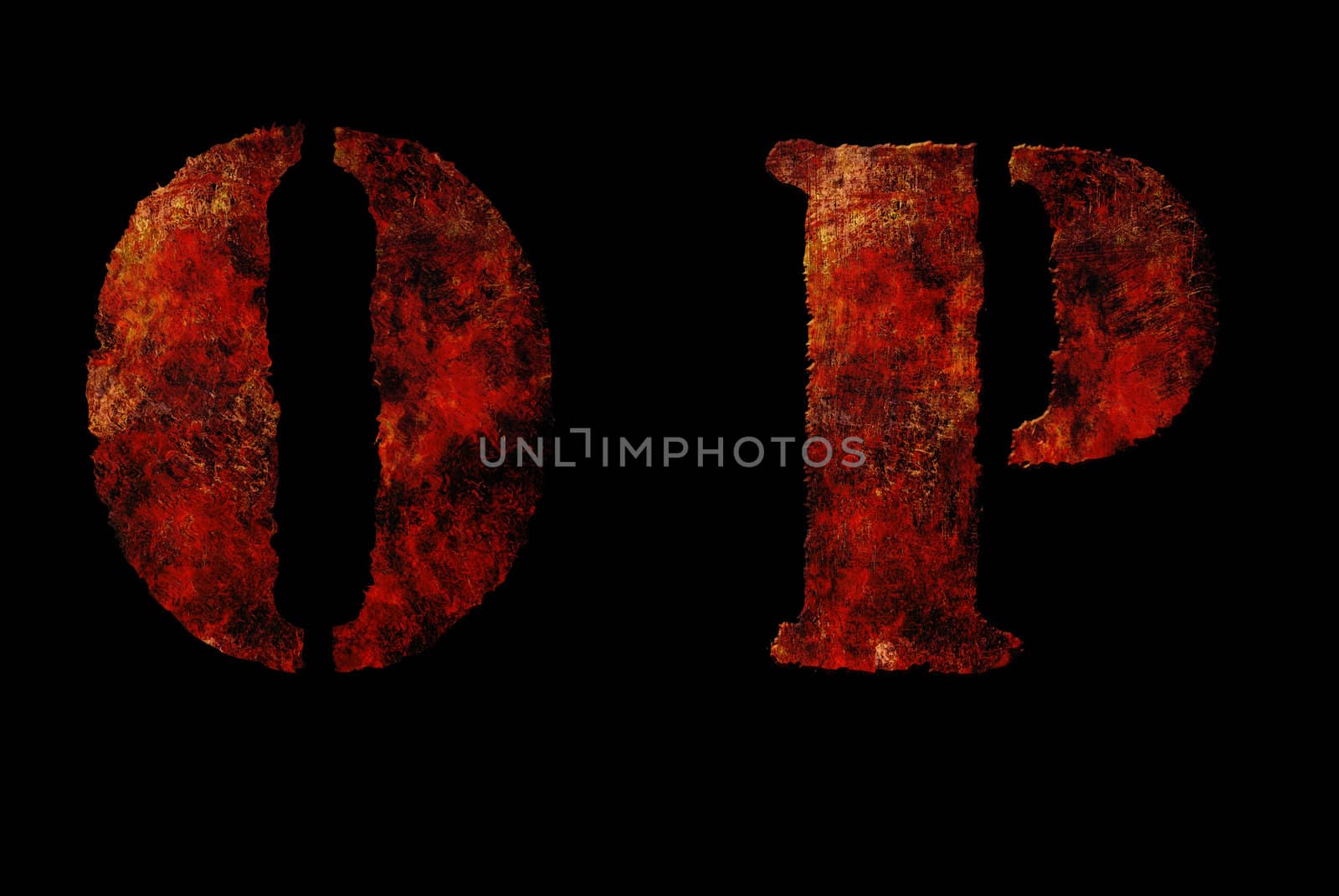 Rusty vintage alphabet "OP" letters, grunge vintage alphabet on black isolated background. Can be use for icon, logo, web design concepts.