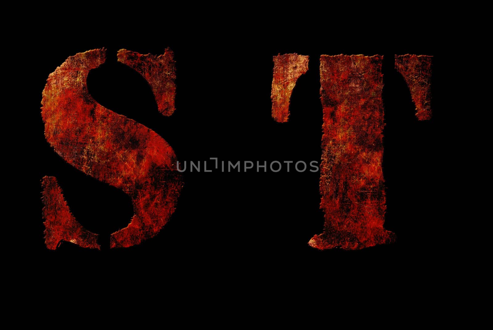 Rusty vintage alphabet "ST" letters, grunge vintage alphabet on black isolated background. Can be use for icon, logo, web design concepts.