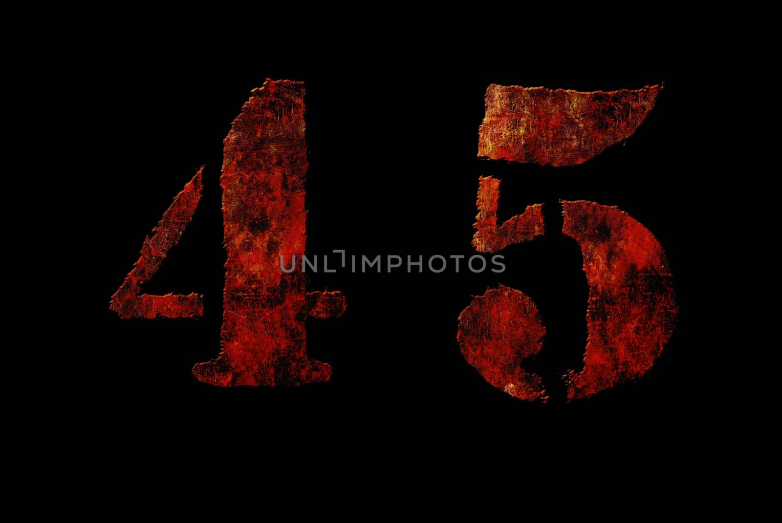 Rusty vintage alphabet "45" letters, grunge vintage alphabet on black isolated background. Can be use for icon, logo, web design concepts.