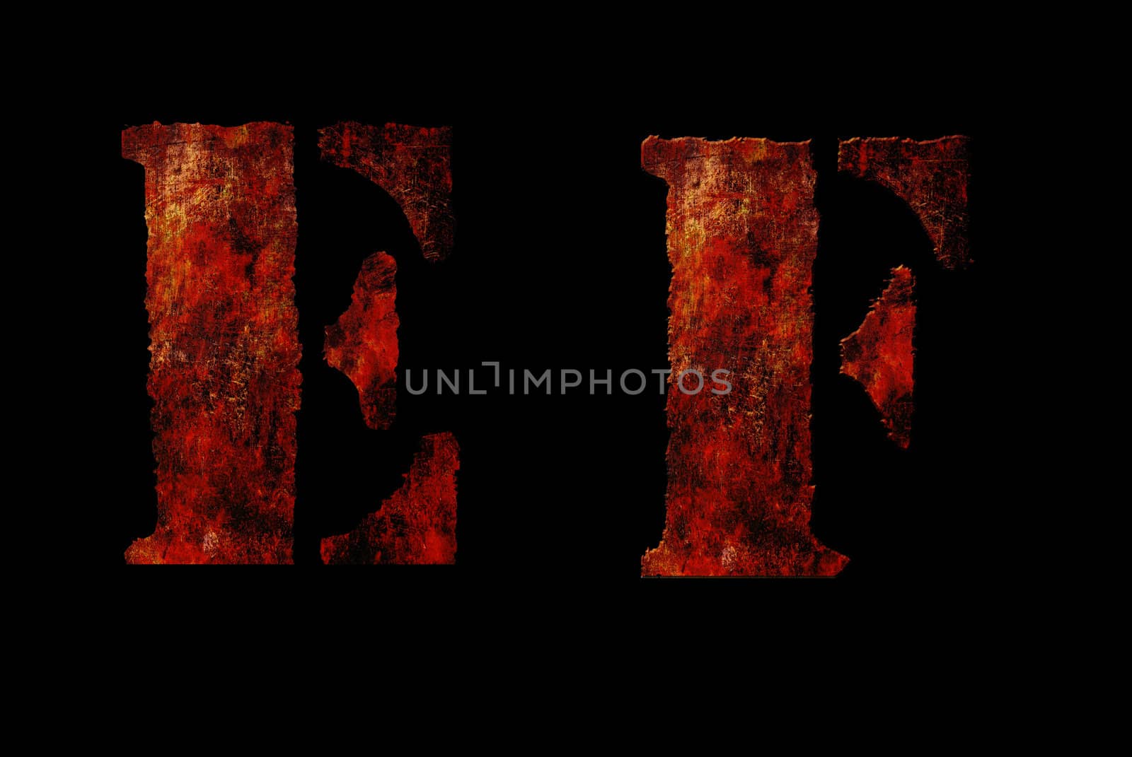 Rusty vintage alphabet "EF" letters, grunge vintage alphabet on black isolated background. Can be use for icon, logo, web design concepts.