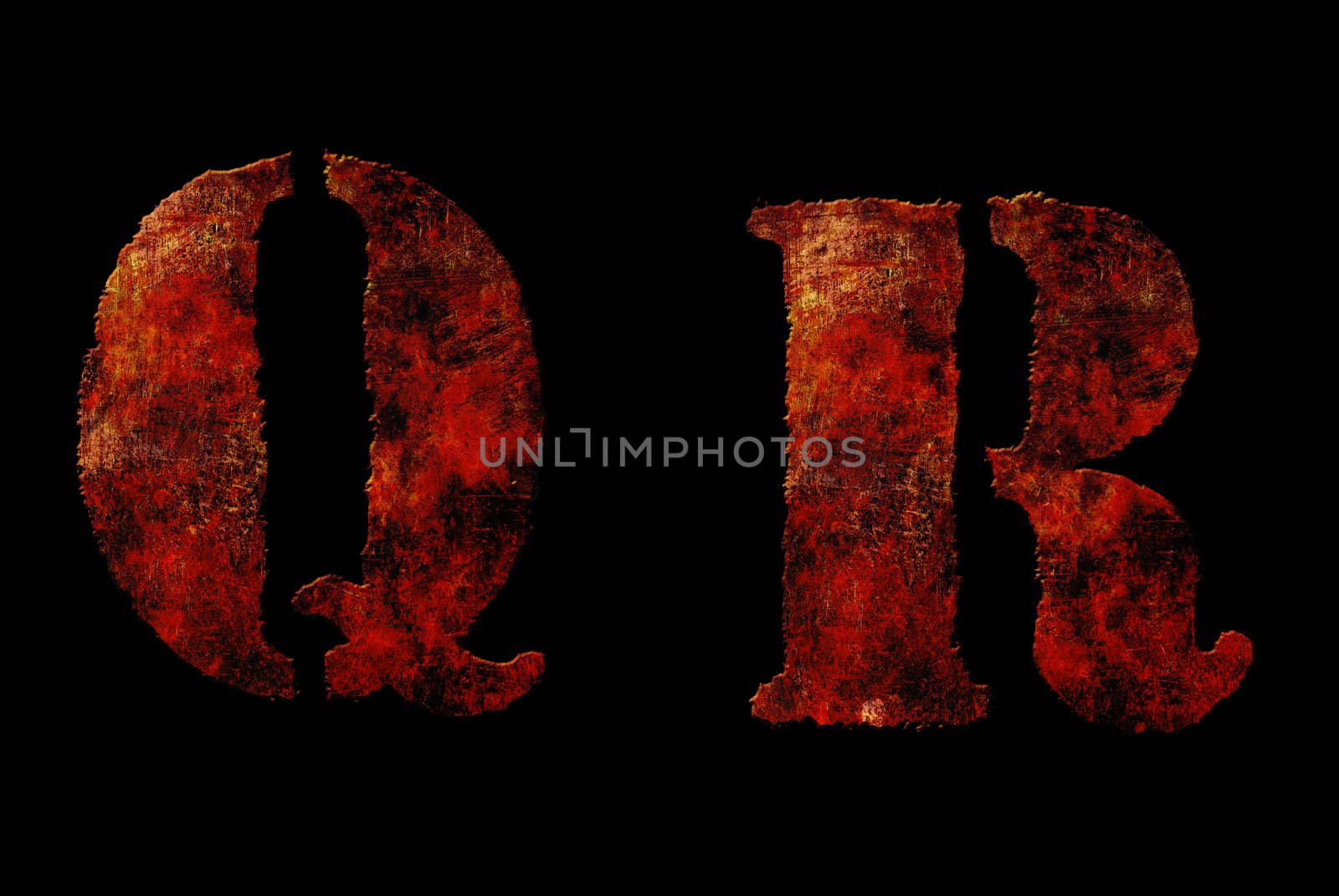 Rusty vintage alphabet "QR" letters, grunge vintage alphabet on black isolated background. Can be use for icon, logo, web design concepts.