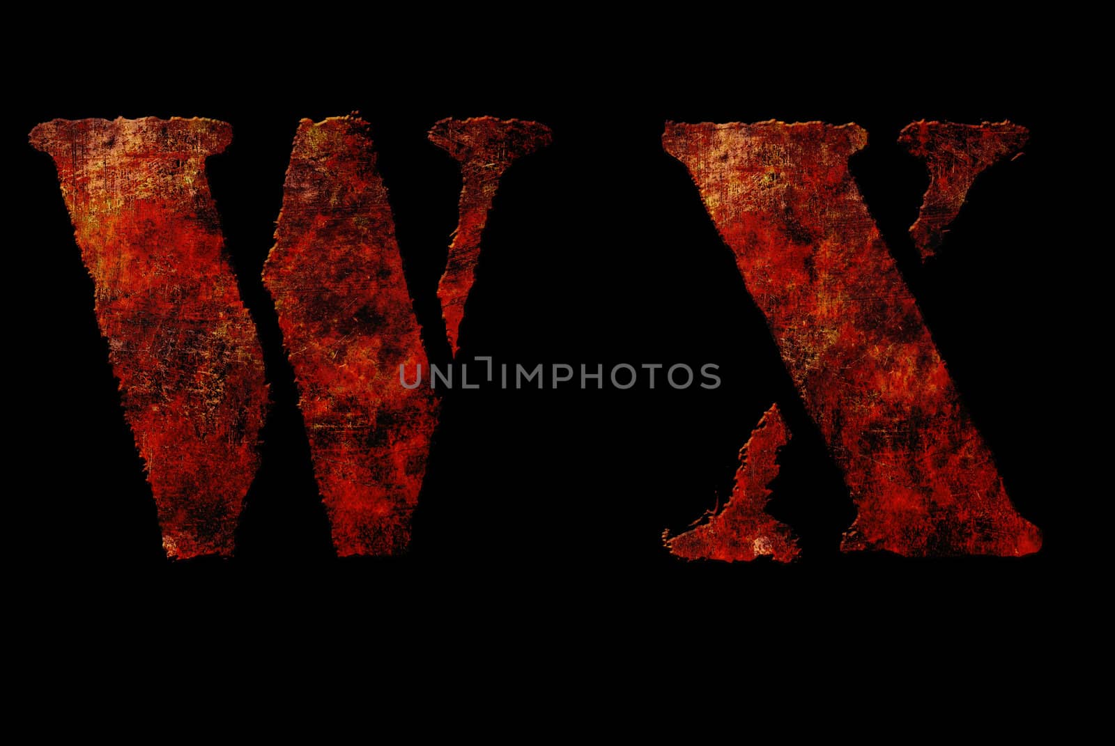 Rusty vintage alphabet "WX" letters, grunge vintage alphabet on black isolated background. Can be use for icon, logo, web design concepts.
