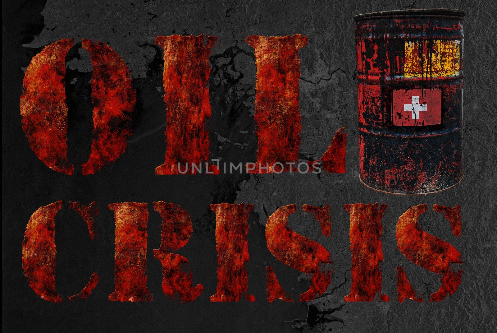 Global economic oil crisis with vintage rusty oil drum and grudge text background. Suitable for all oil crisis economic business concept, logo, icon design. With Swiss flag.