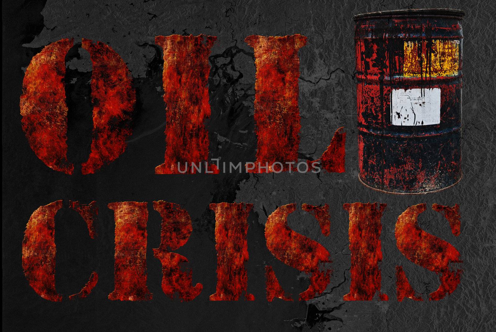 Global economic oil crisis with vintage rusty oil drum and grudge text background. Suitable for all oil crisis economic business concept, logo, icon design. 