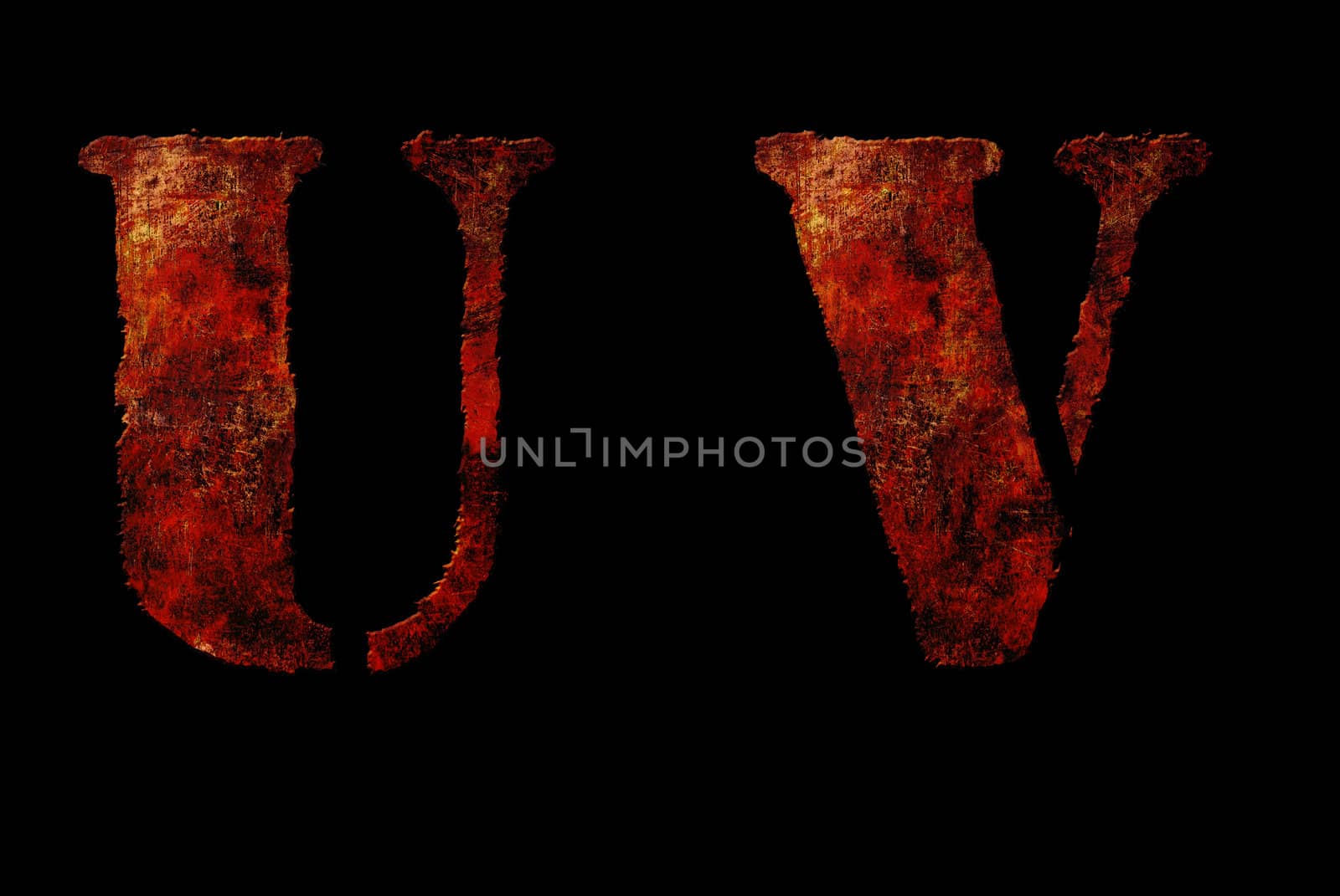 Rusty vintage alphabet "UV" letters, grunge vintage alphabet on black isolated background. Can be use for icon, logo, web design concepts.