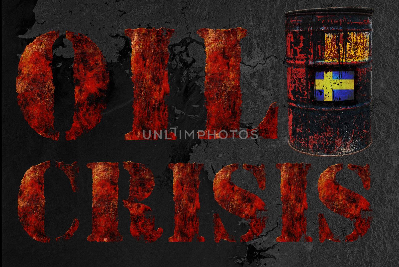 Global economic oil crisis with vintage rusty oil drum and grudge text background. Suitable for all oil crisis economic business concept, logo, icon design. With Sweden flag.