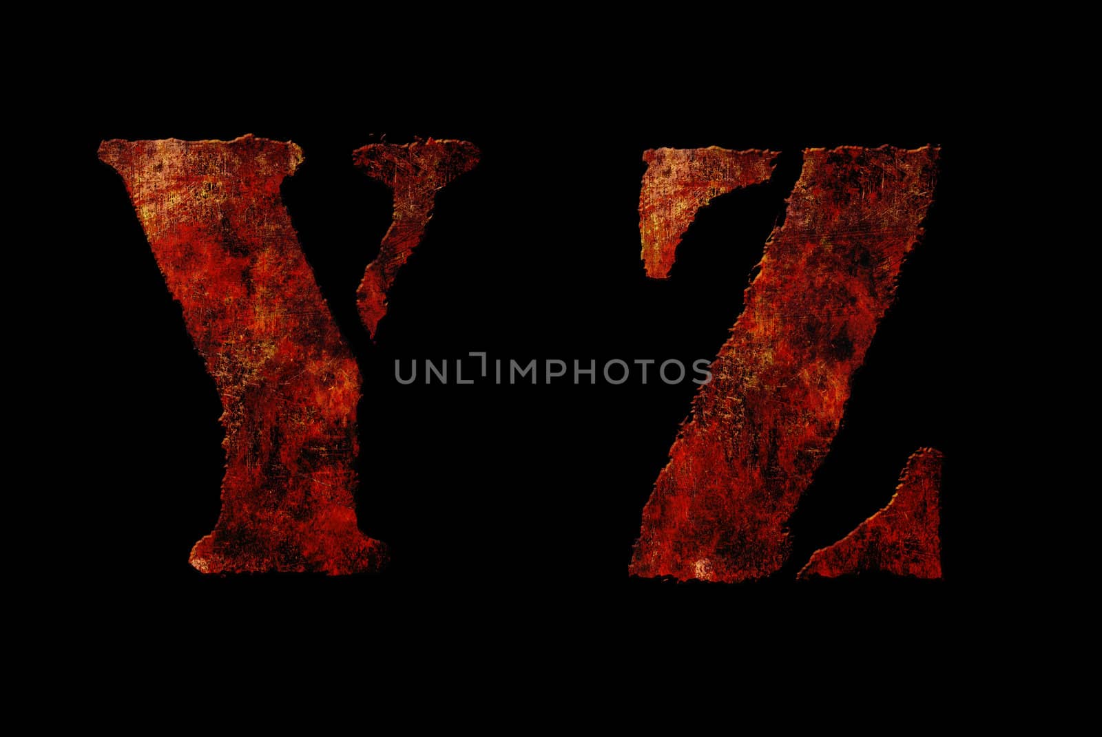 Rusty vintage alphabet "YZ" letters, grunge vintage alphabet on black isolated background. Can be use for icon, logo, web design concepts.