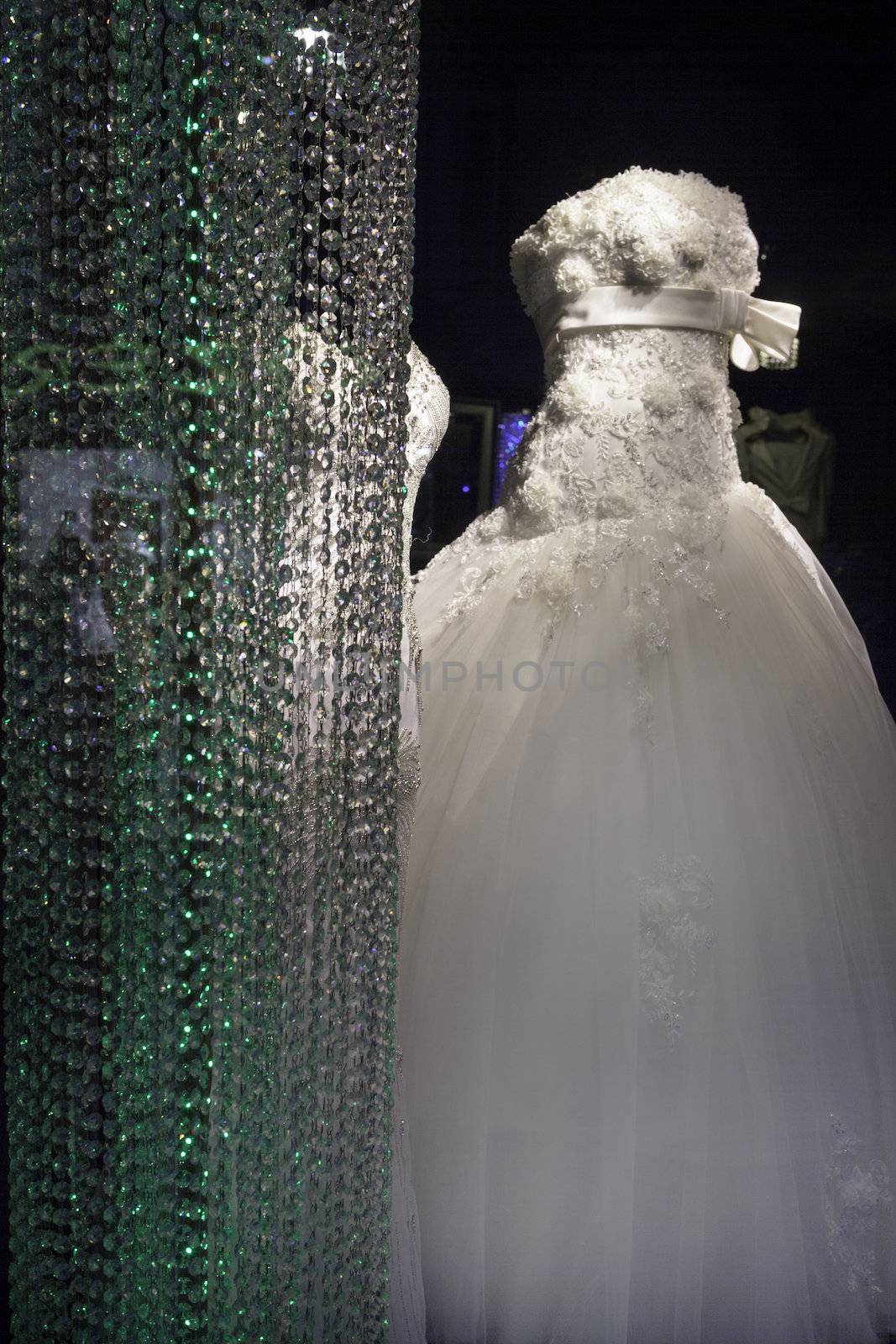 Wedding dress in a shop frontend.