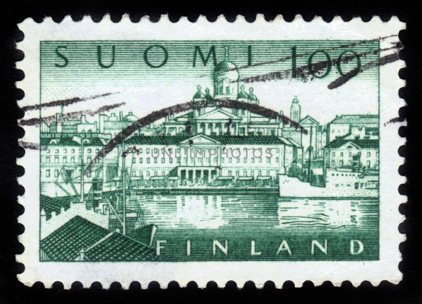 FINLAND - CIRCA 1963: A stamp printed in Finland shows view of Helsinki Harbour: Cathedral at Senate Square, the Finnish National Theatr, circa 1963