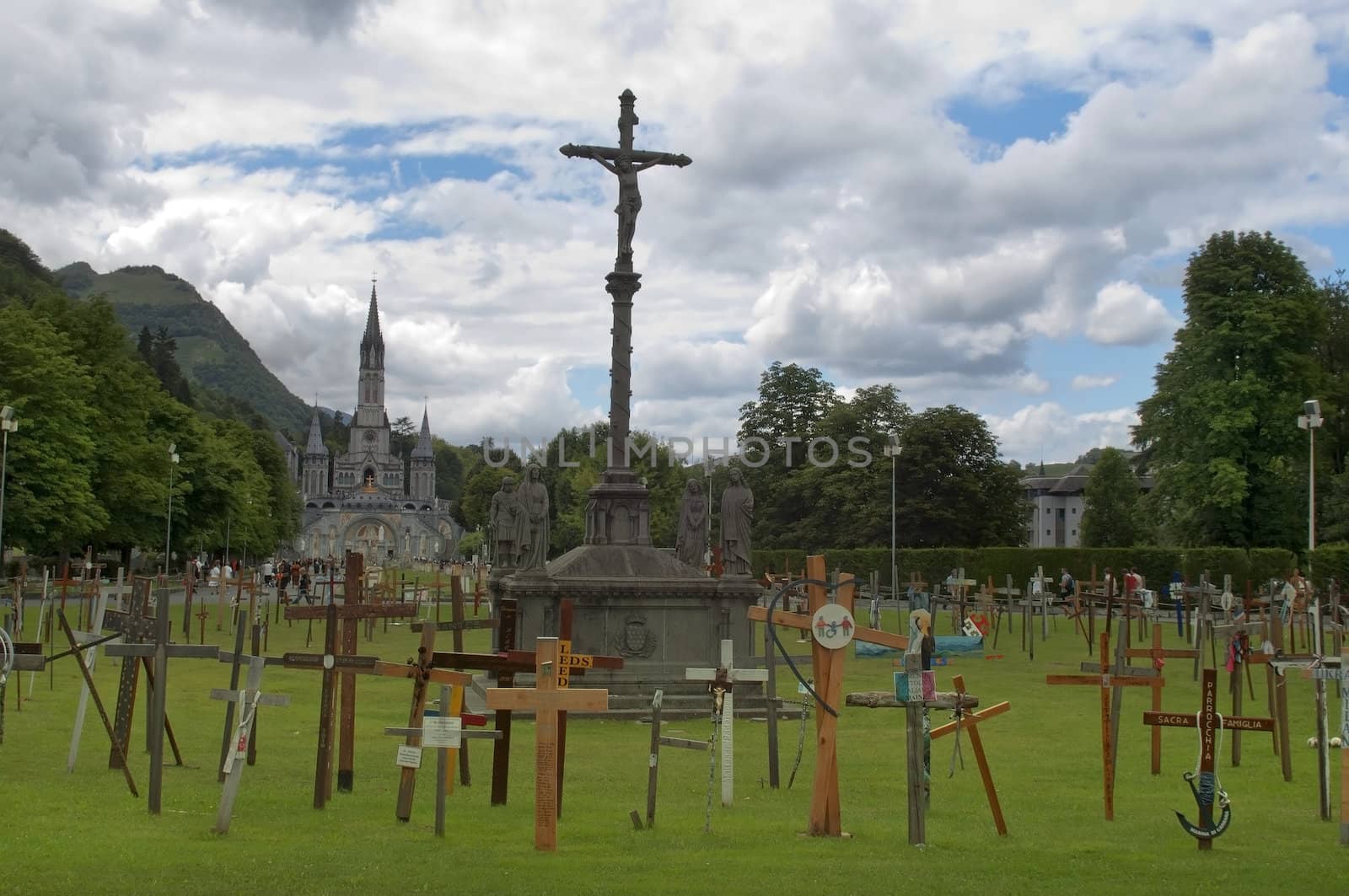 LOURDES, France – July 15: The Basilica of our Lady of the Rosary on July 15, 2012 in Lourdes (France). The Basilica of our Lady of the Rosary is a Roman Catholic church in the Sanctuary of Our Lady of Lourdes ,  garden of crosses