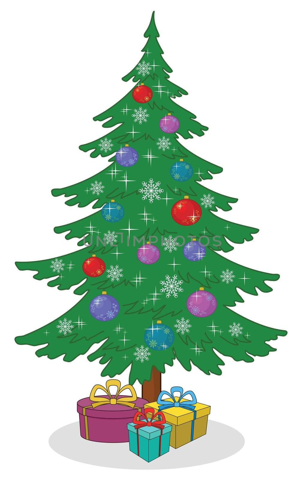 Holiday cartoon: Christmas tree with decoration and gift boxes