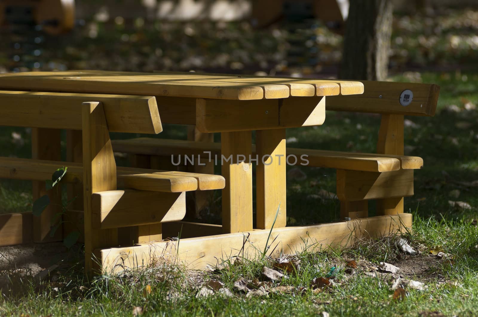 Detail of a wooden picnic table and bench