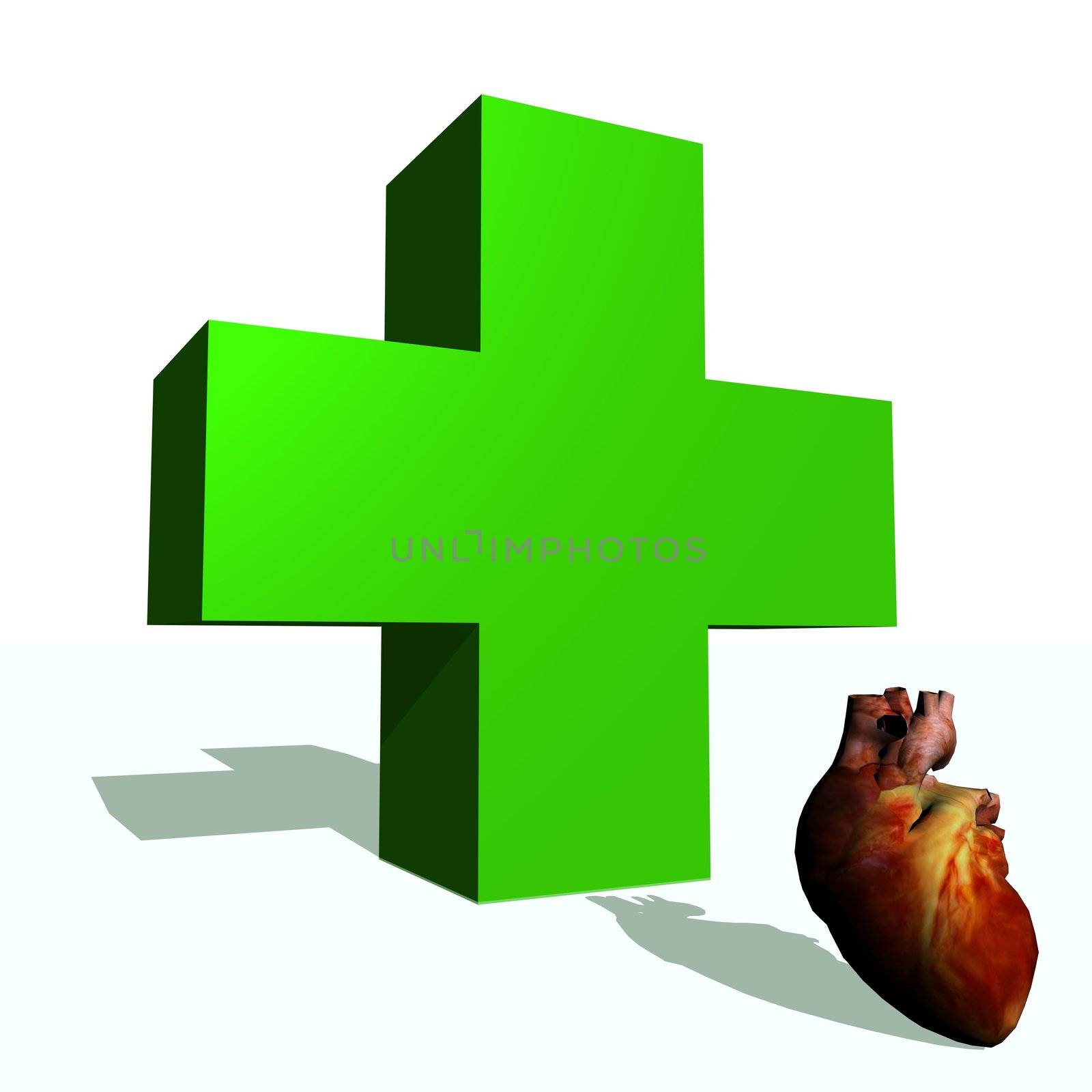 Big green cross and heart in white background