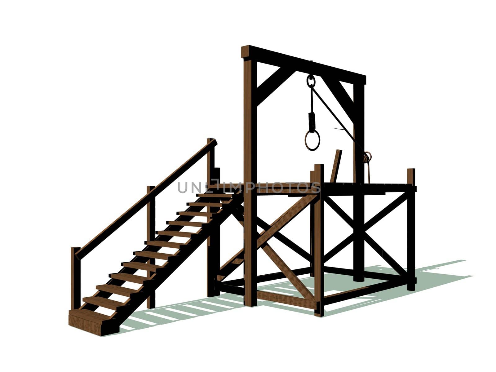Gallow made of wood with a rope in white background