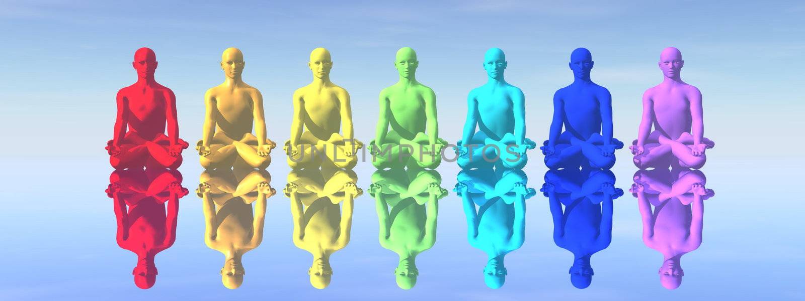 Seven human with chakra colors in meditation with their reflection in blue background