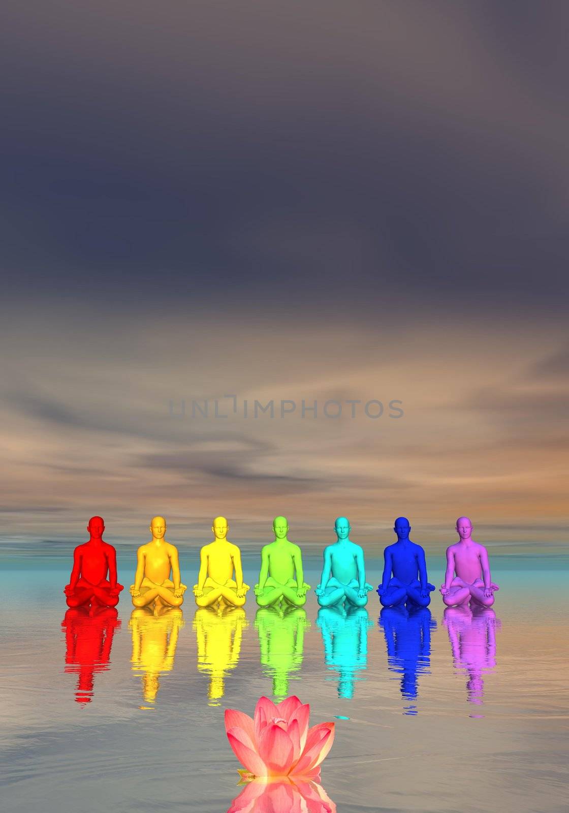 Seven human with chakra colors meditating in front of a waterlily flower in cloudy background