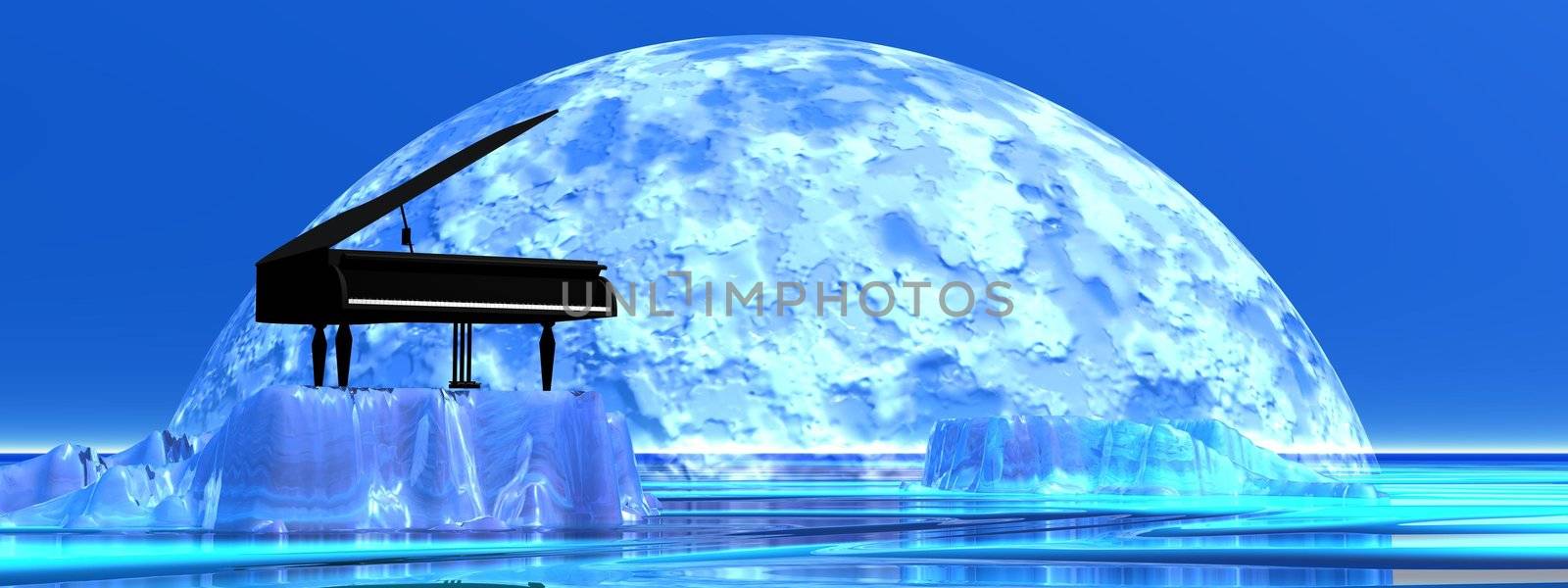 Piano standing on a iceberg in front of the moonlight